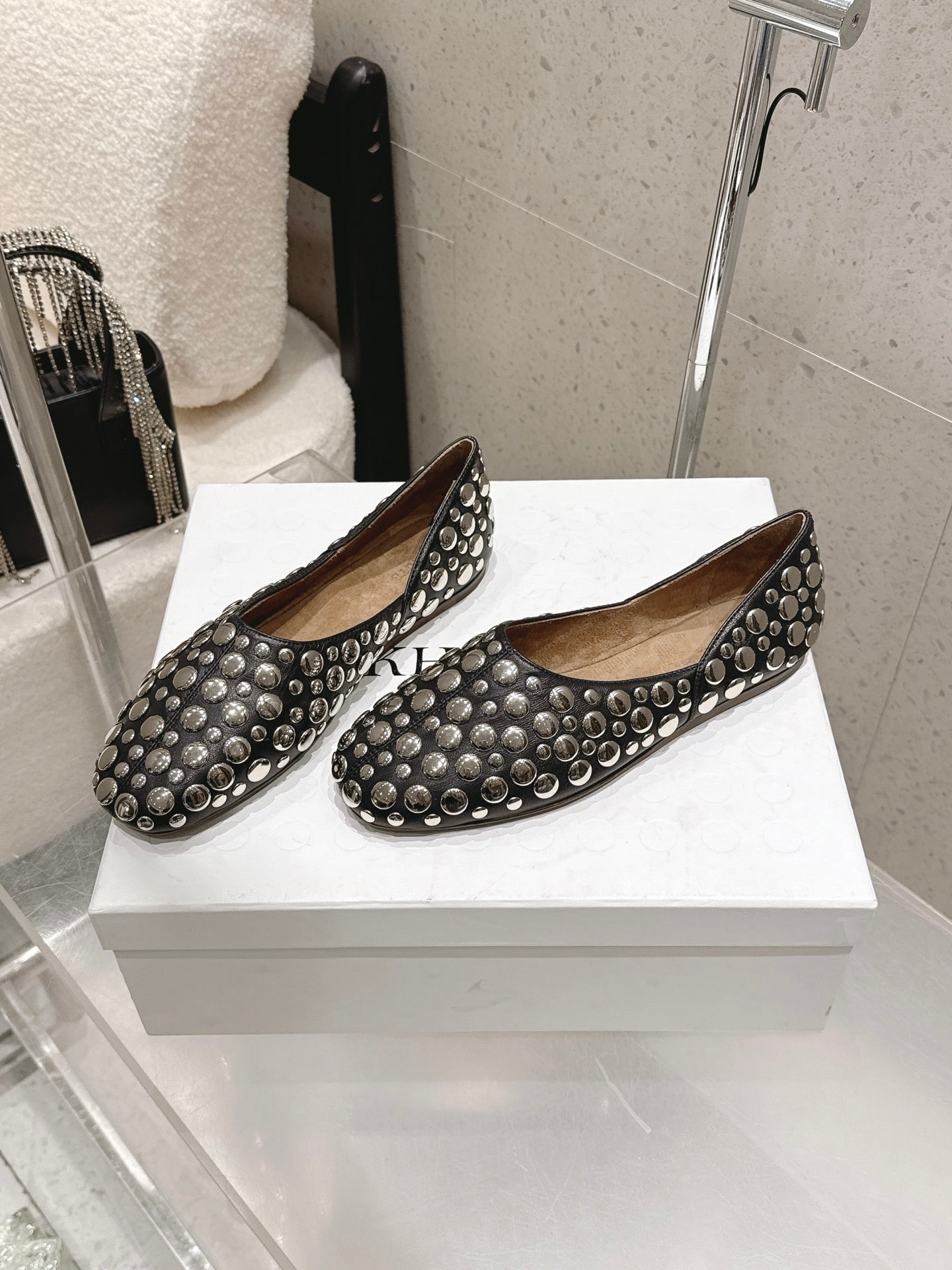 CELINE 26S FLAT SHOES IN BLACK CALFSKIN WITH METAL STUDS