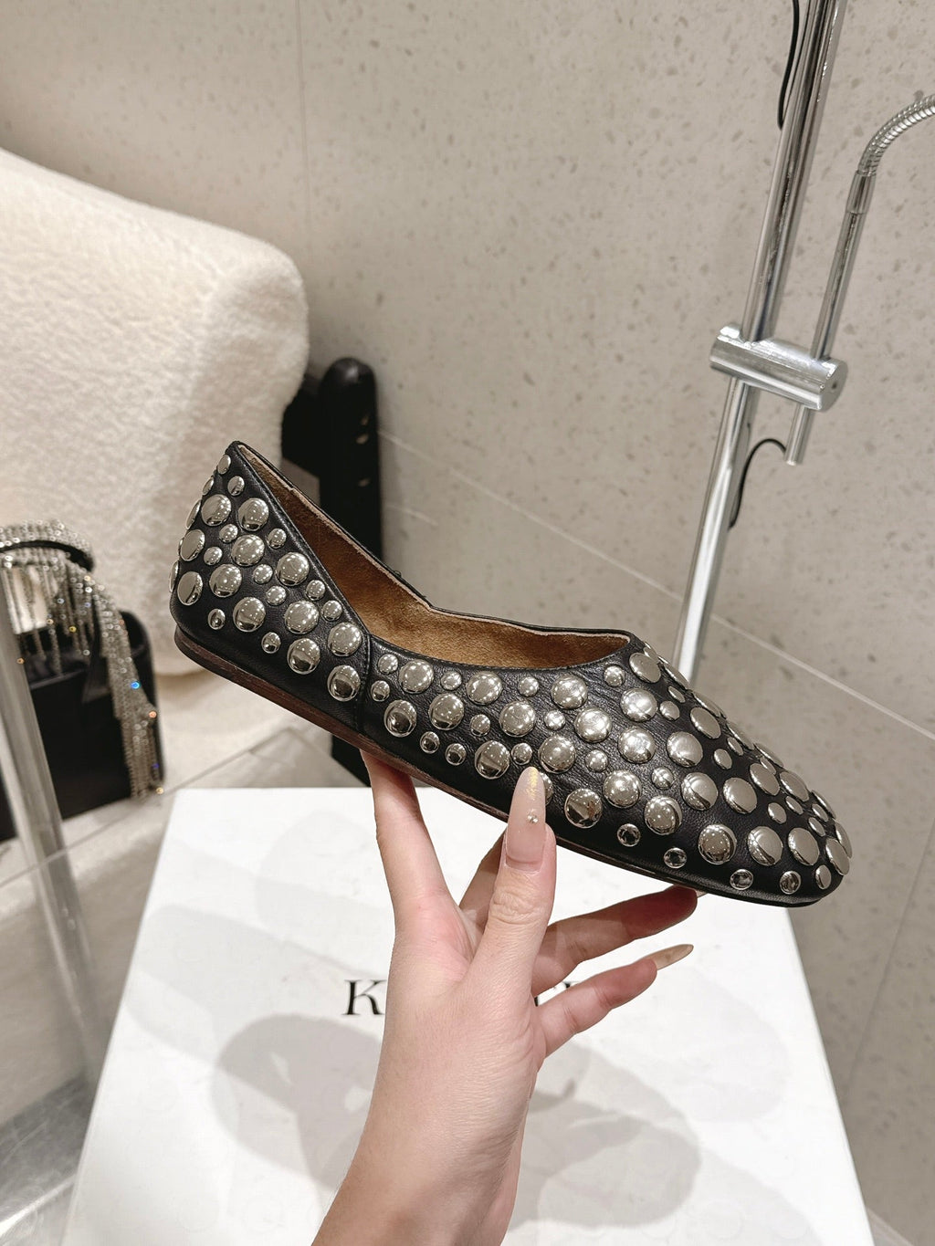 CELINE 26S FLAT SHOES IN BLACK CALFSKIN WITH METAL STUDS