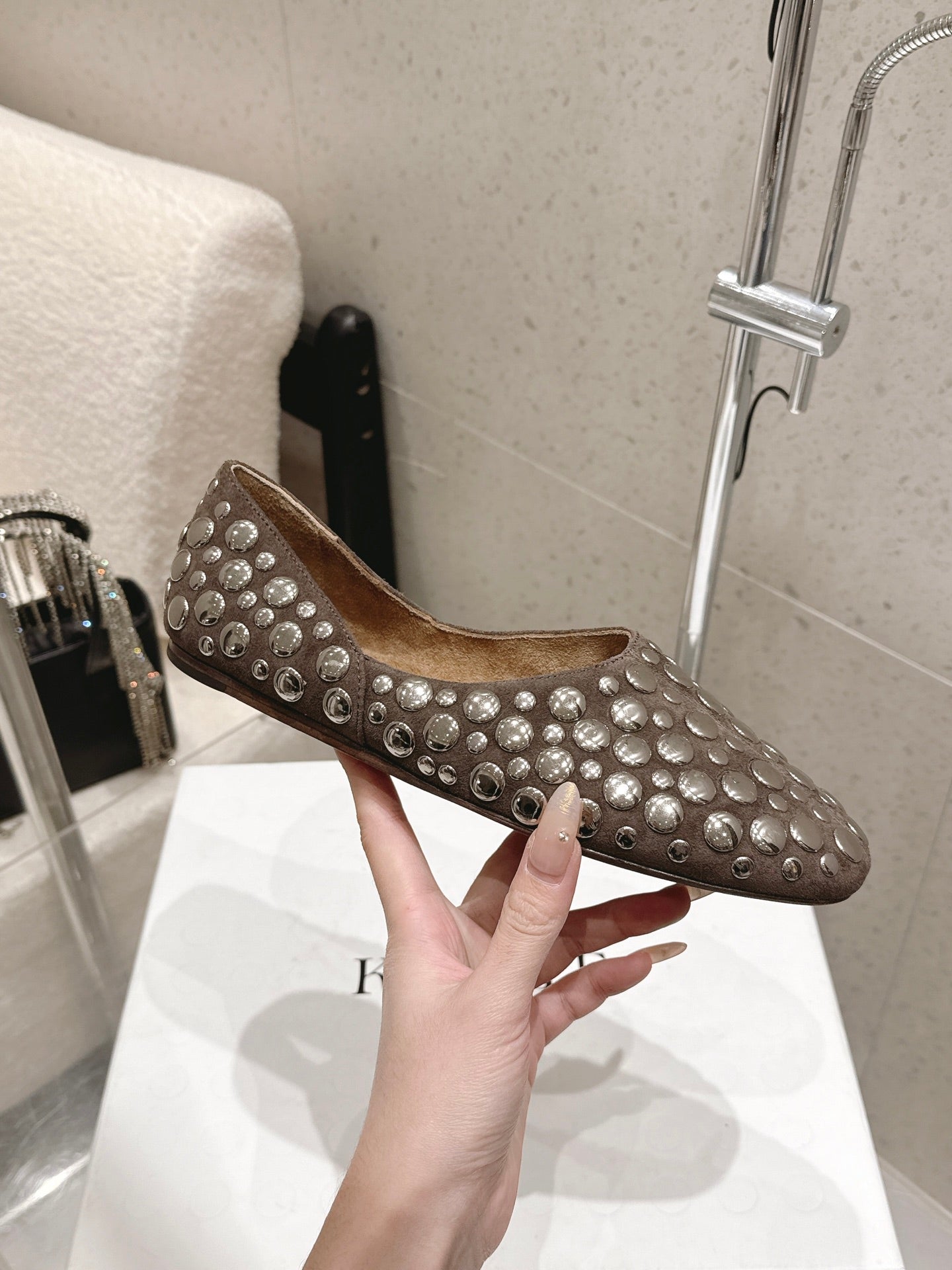 CELINE 26S FLAT SHOES IN TOFFEE BROWN SUEDE WITH METAL STUDS