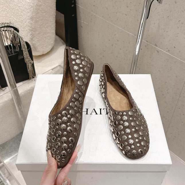CELINE 26S FLAT SHOES IN TOFFEE BROWN SUEDE WITH METAL STUDS