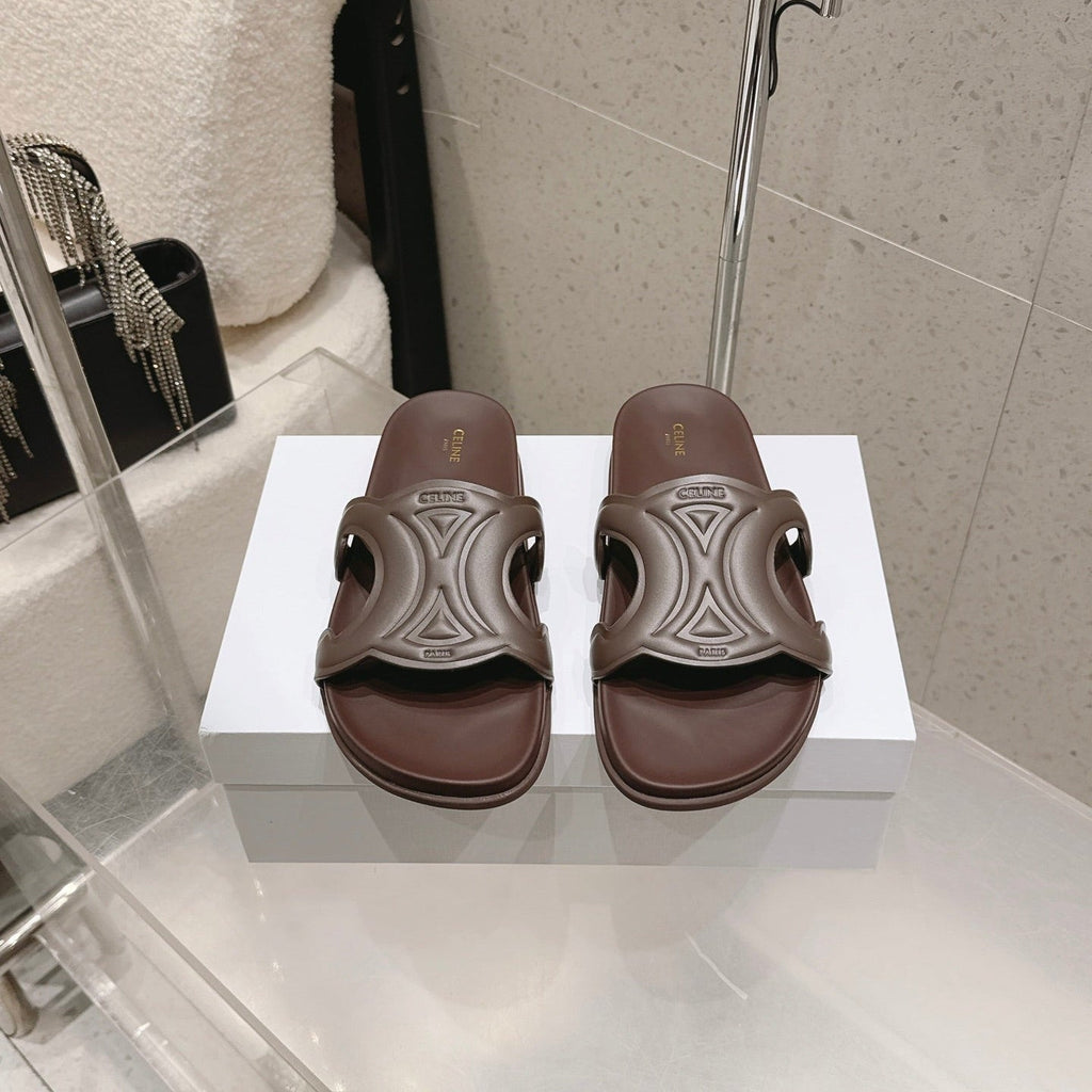 CELINE 26S TRIOMPHE SLIDES IN DARK BROWN CALFSKIN
