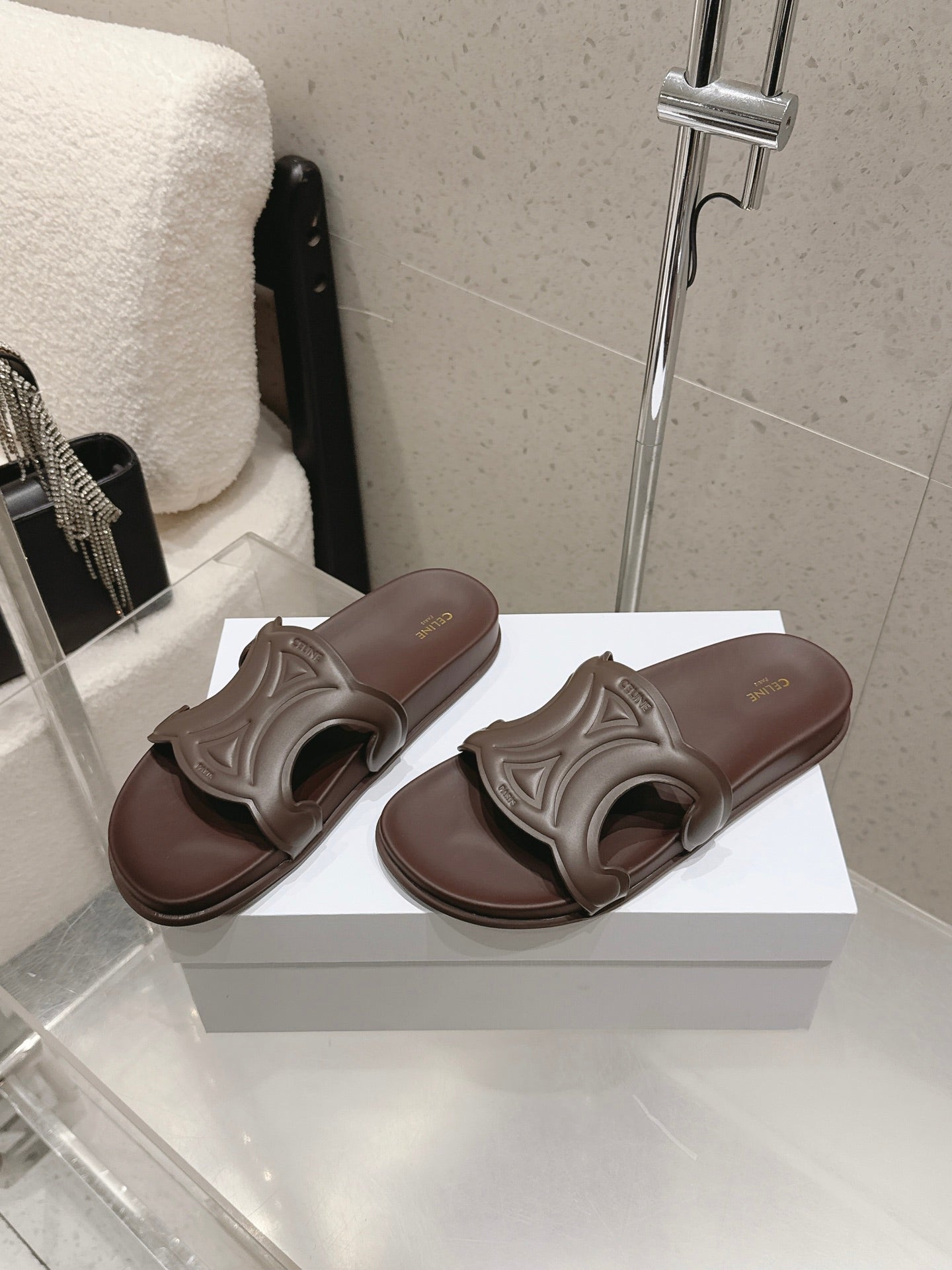 CELINE 26S TRIOMPHE SLIDES IN DARK BROWN CALFSKIN