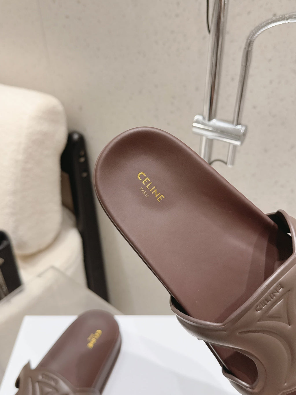CELINE 26S TRIOMPHE SLIDES IN DARK BROWN CALFSKIN