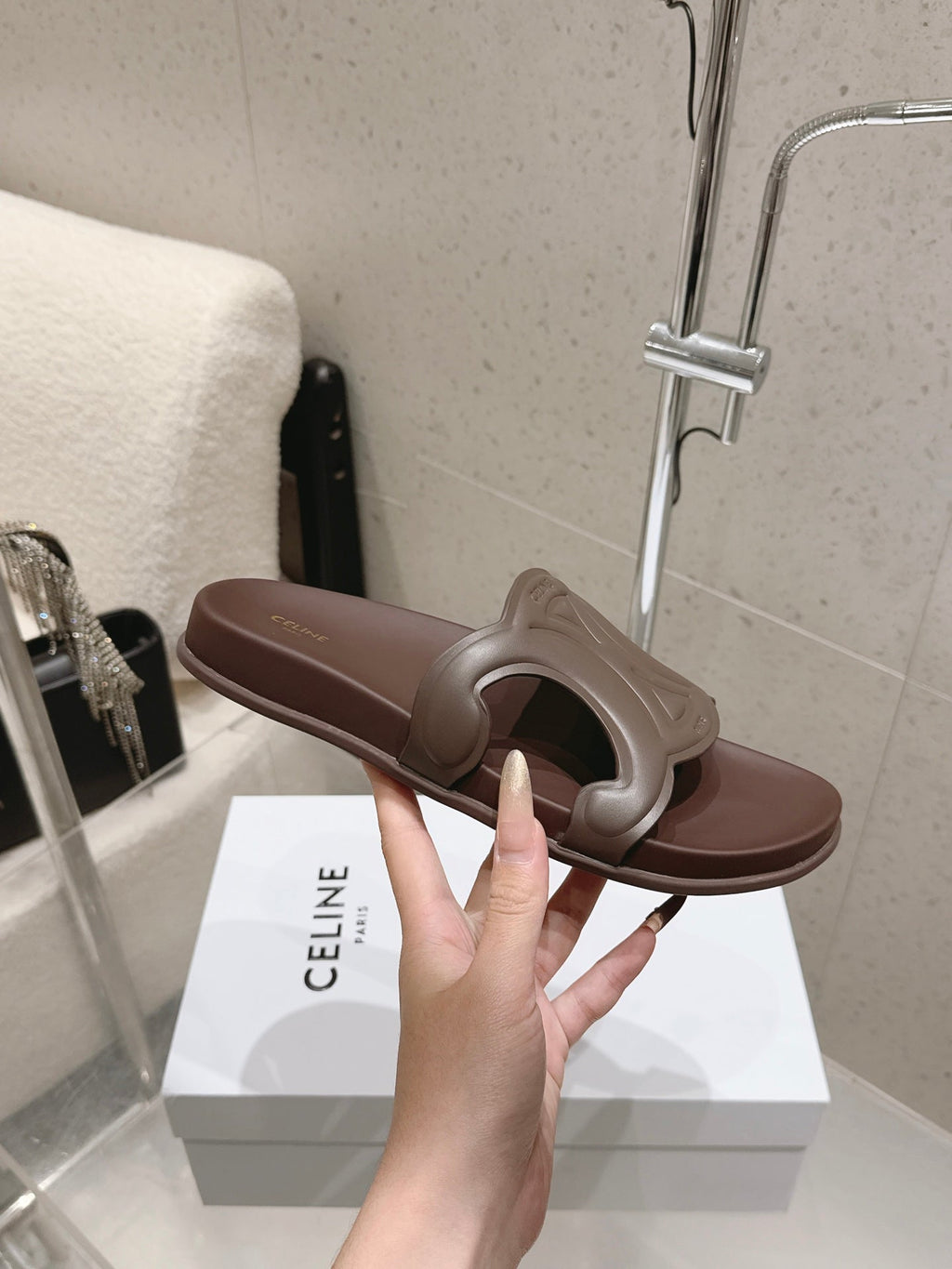 CELINE 26S TRIOMPHE SLIDES IN DARK BROWN CALFSKIN