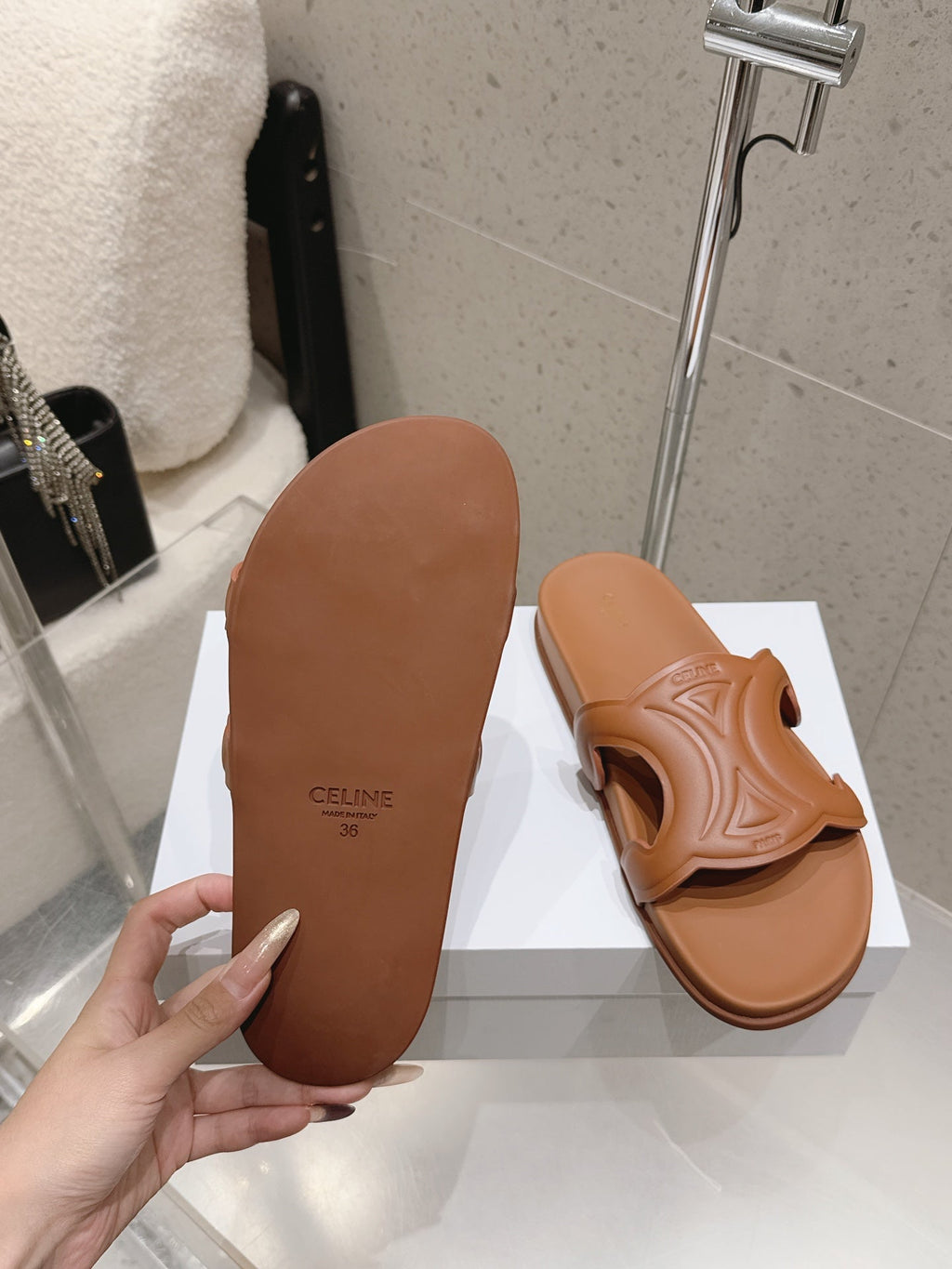 CELINE 26S TRIOMPHE SLIDES IN BROWN CALFSKIN