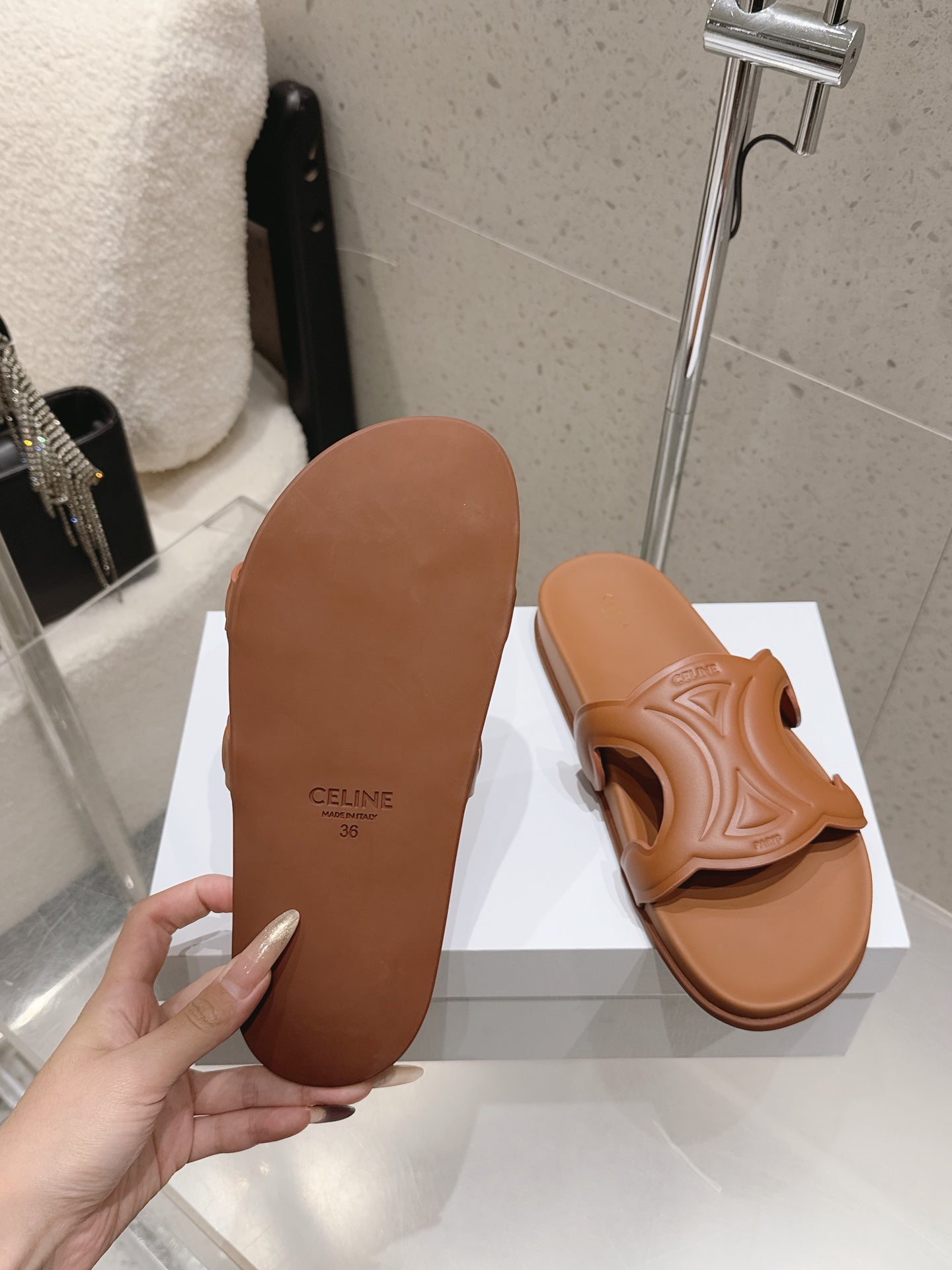 CELINE 26S TRIOMPHE SLIDES IN BROWN CALFSKIN