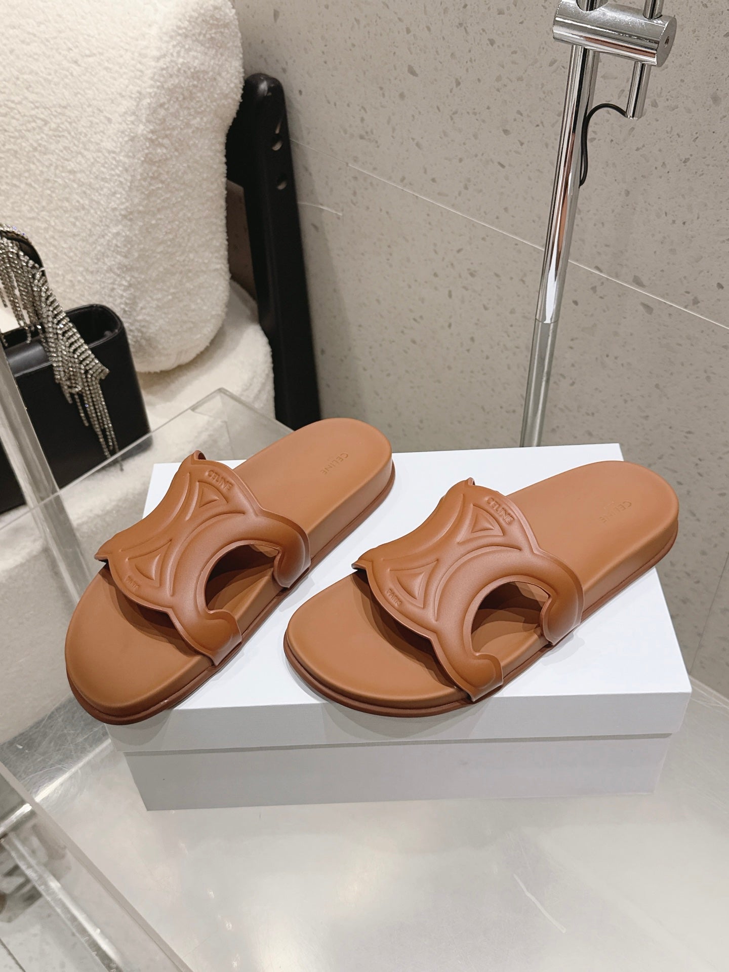 CELINE 26S TRIOMPHE SLIDES IN BROWN CALFSKIN