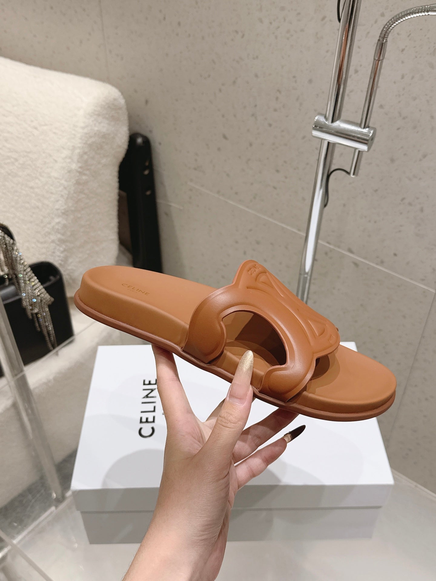 CELINE 26S TRIOMPHE SLIDES IN BROWN CALFSKIN