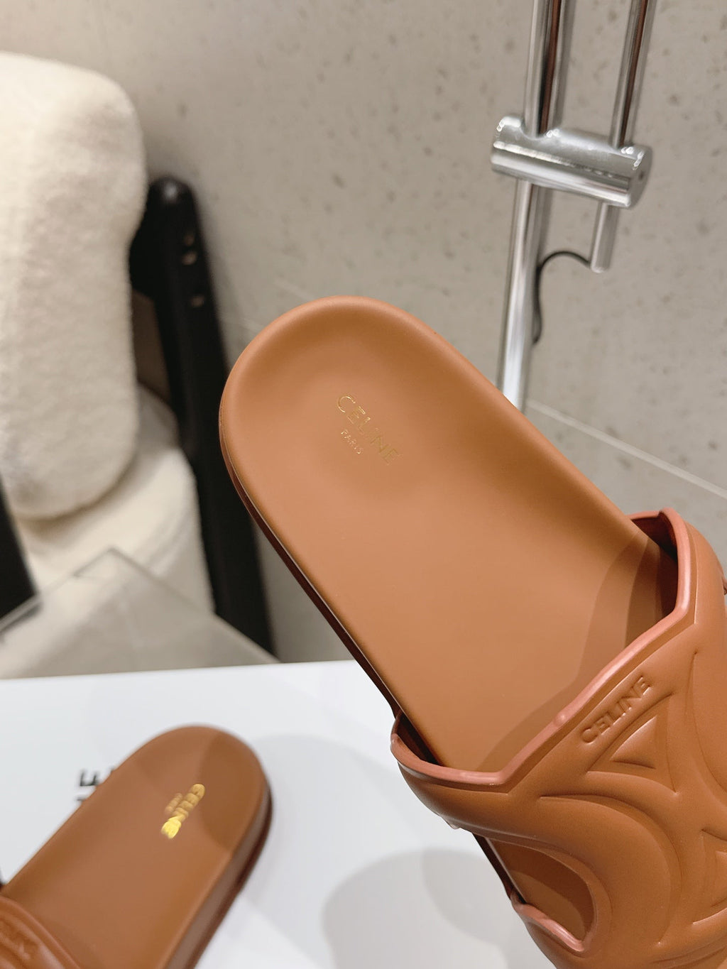 CELINE 26S TRIOMPHE SLIDES IN BROWN CALFSKIN
