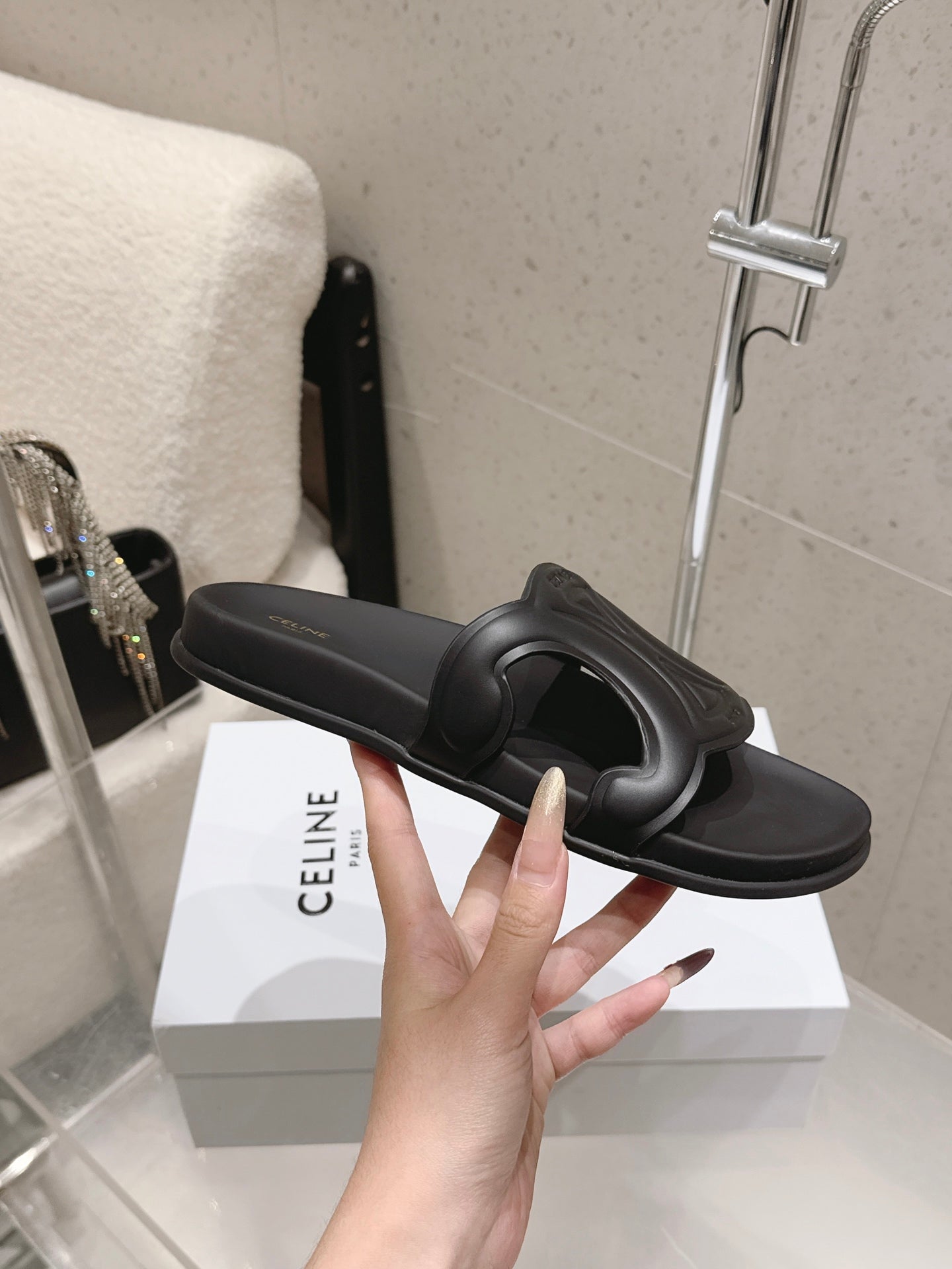 CELINE 26S TRIOMPHE SLIDES IN BLACK CALFSKIN