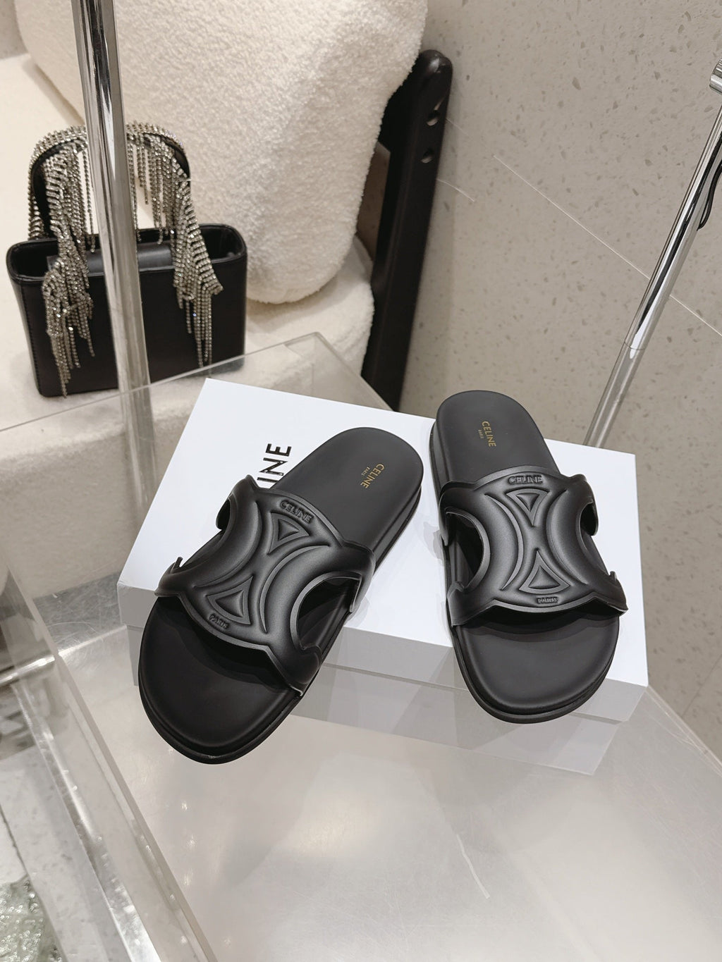 CELINE 26S TRIOMPHE SLIDES IN BLACK CALFSKIN