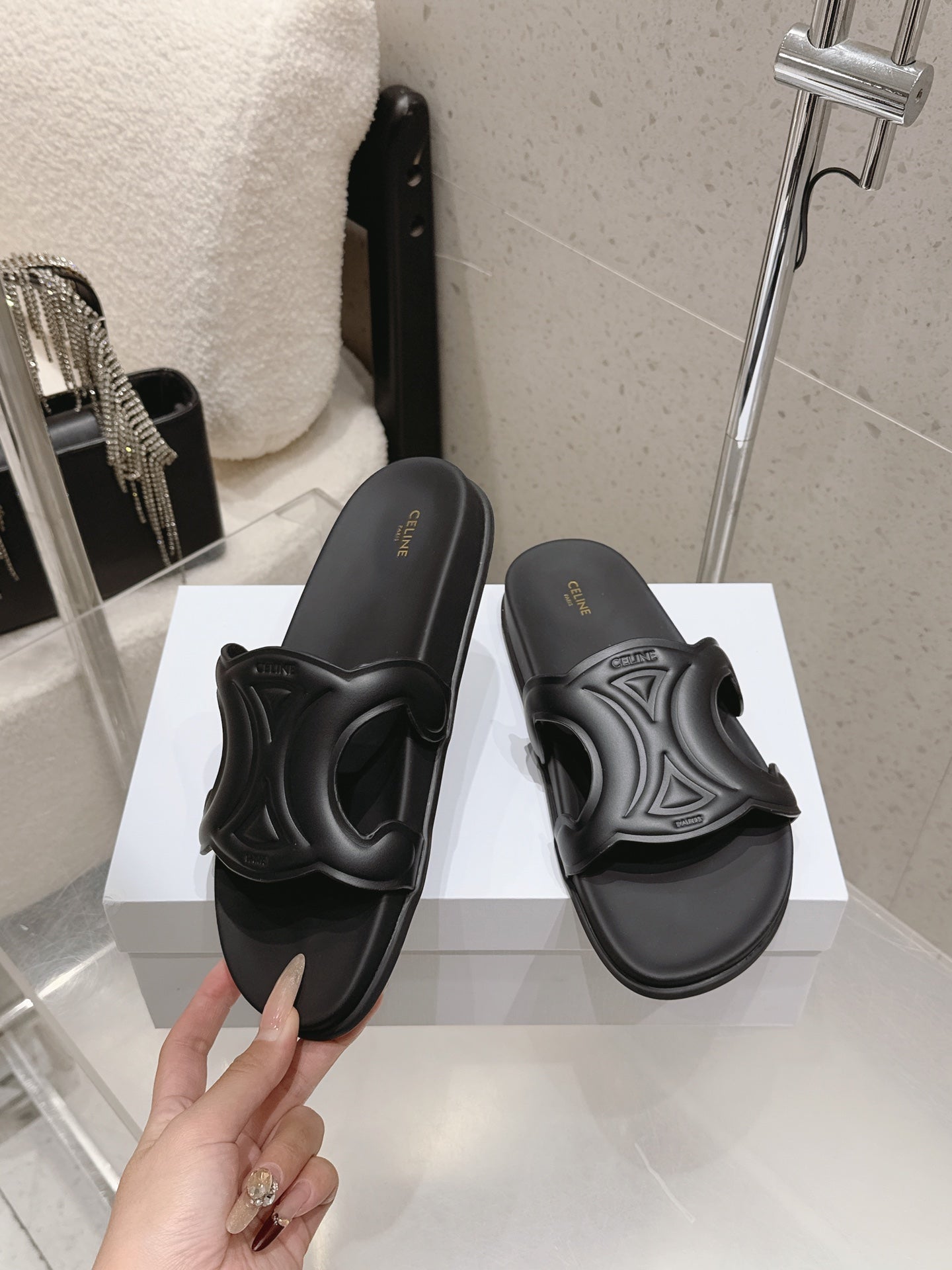 CELINE 26S TRIOMPHE SLIDES IN BLACK CALFSKIN