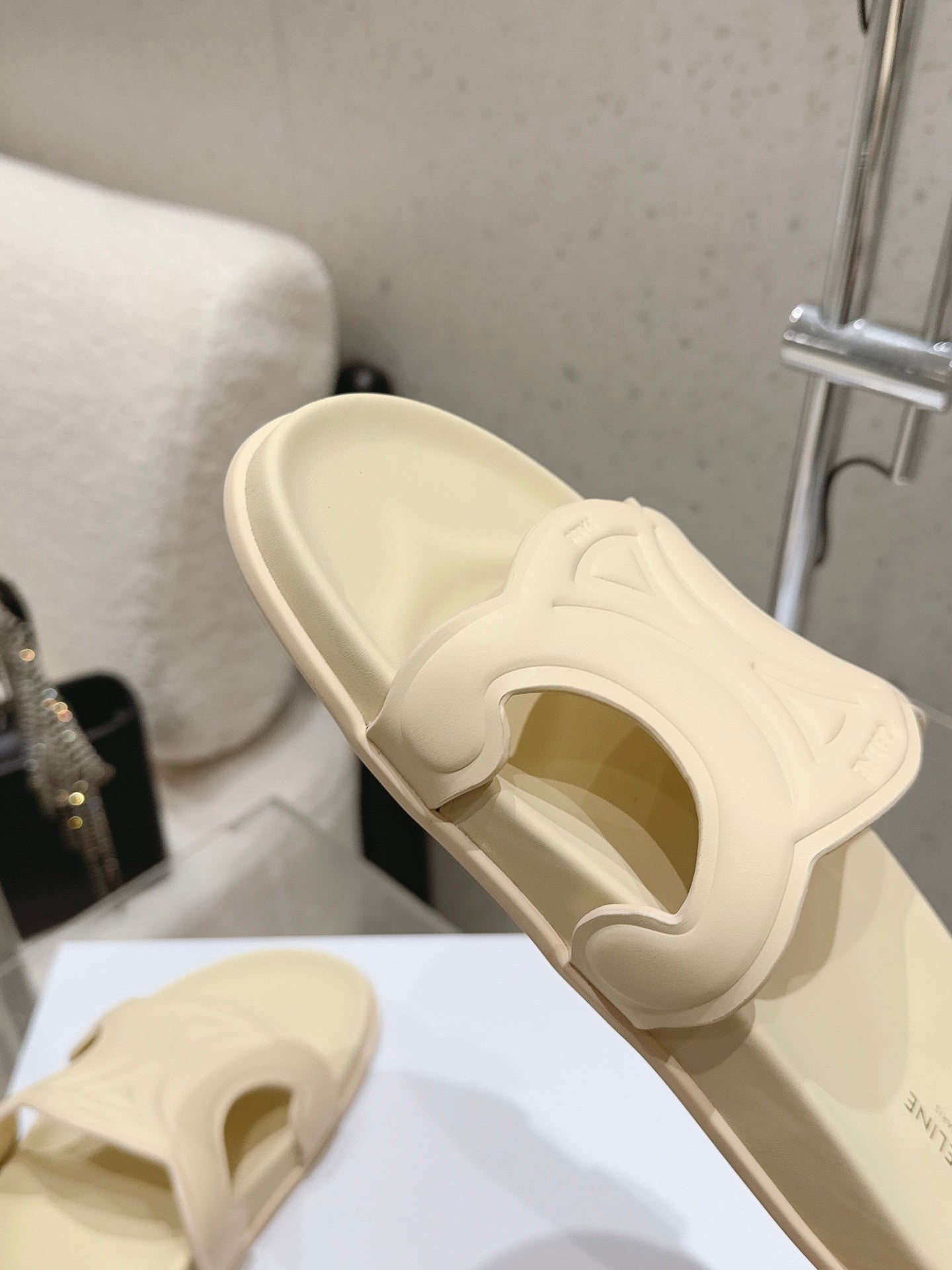 CELINE 26S TRIOMPHE SLIDES IN PASTEL YELLOW CALFSKIN
