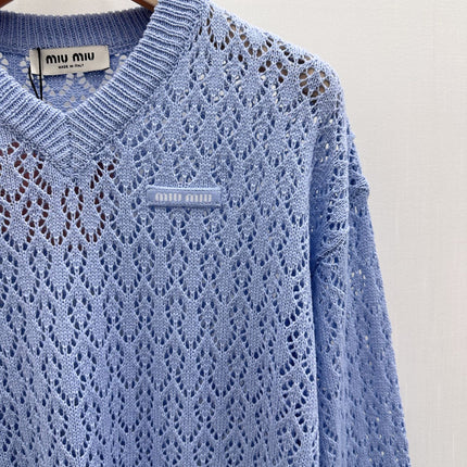 MIUMIU 26S V-NECK OPENWORK KNIT SWEATER 1299