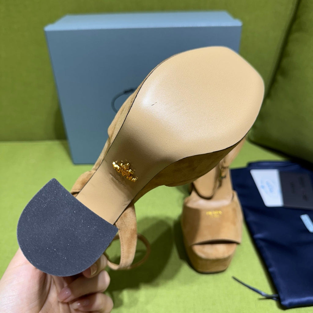 PRADA 25S HIGH-HEEL SANDALS 140 MM IN CARAMEL BROWN SUEDE STYLE 6