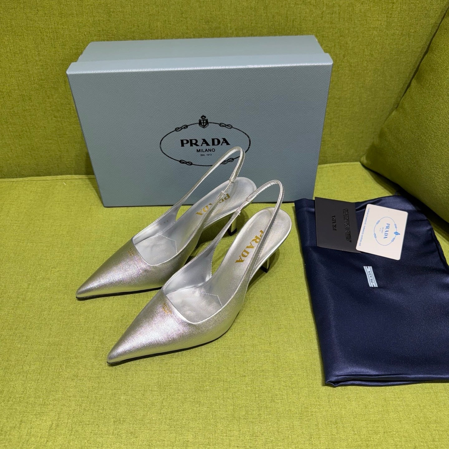 PRADA 25S SLINGBACK HIGH HEELS 75 MM IN SILVER SHEEPSKIN