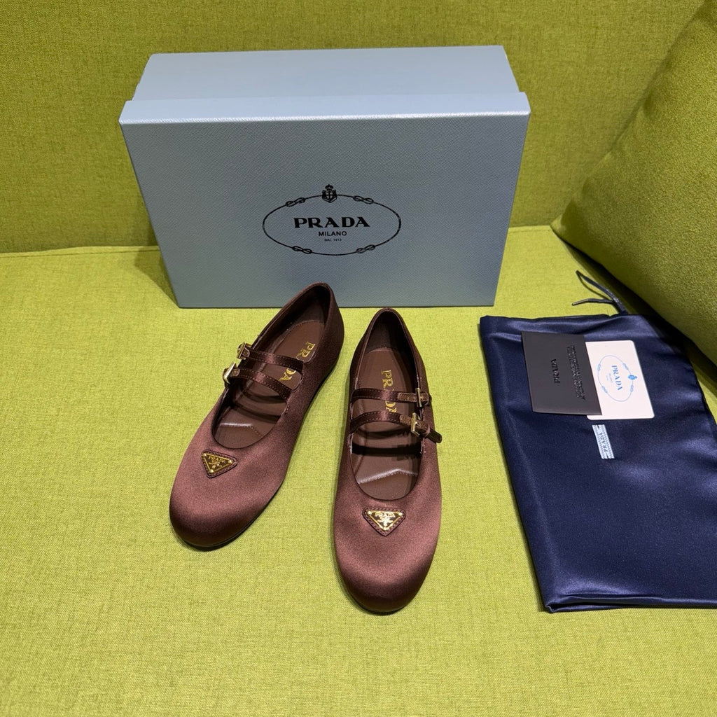 PRADA 25S MARY JANE BALLET FLATS IN DEEP BURGUNDY BROWN SATIN