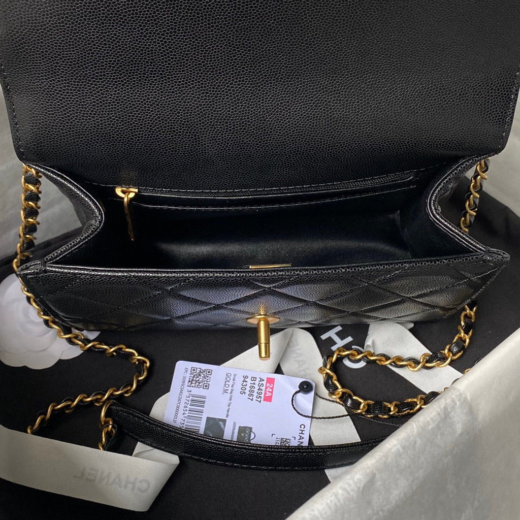 CHANEL 25S FLAP BAG 21 CM IN BLACK GRAINED LAMBSKIN WITH TOP HANDLE
