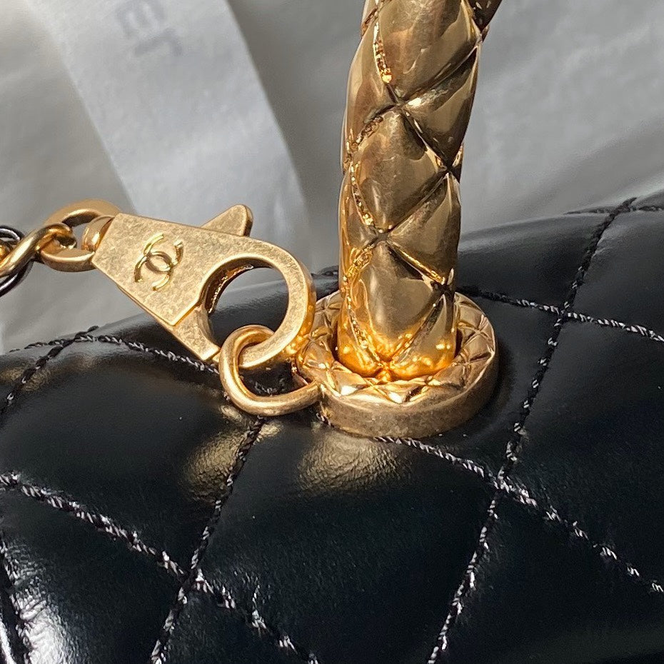 CHANEL 25S CLASSIC COCO HANDLE BAG 23 CM IN BLACK LAMBSKIN WITH GOLD HARDWARE