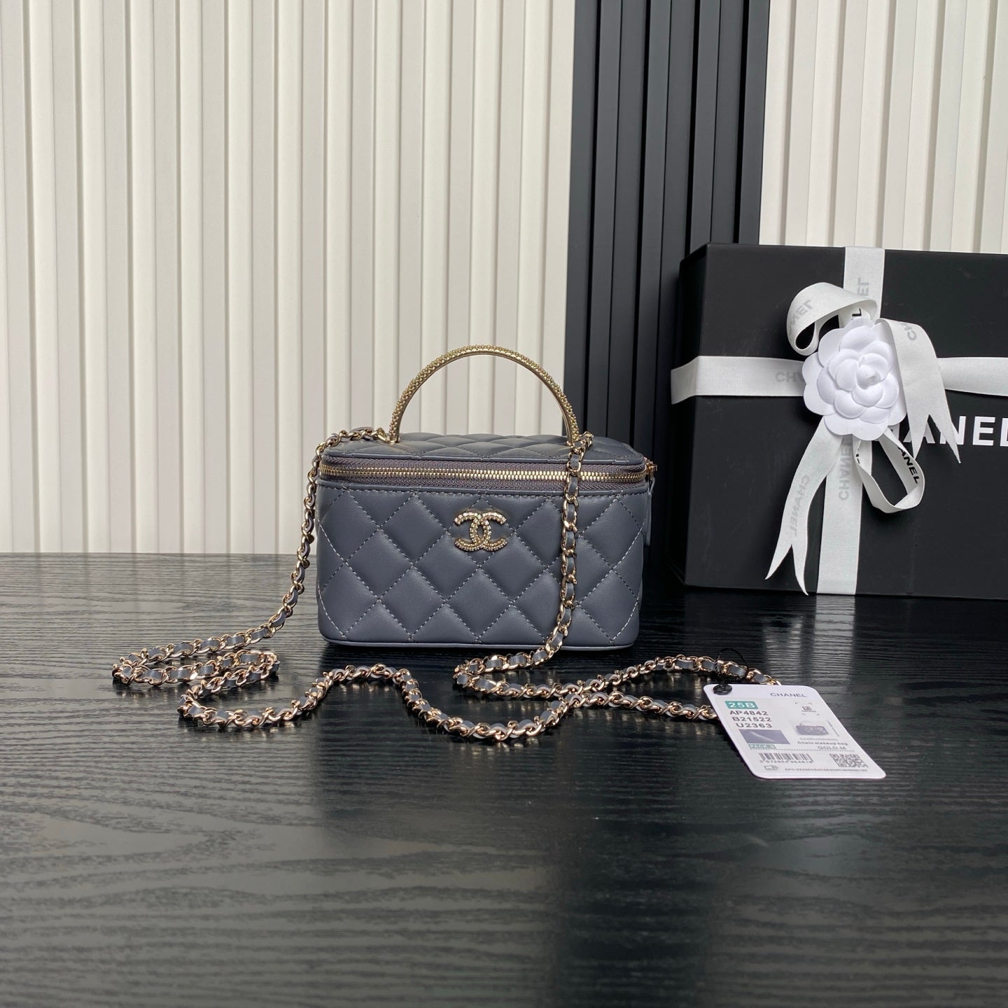 CHANEL 25S VANITY CASE 17 IN BLUE GRAY LAMBSKIN GOLD HARDWARE