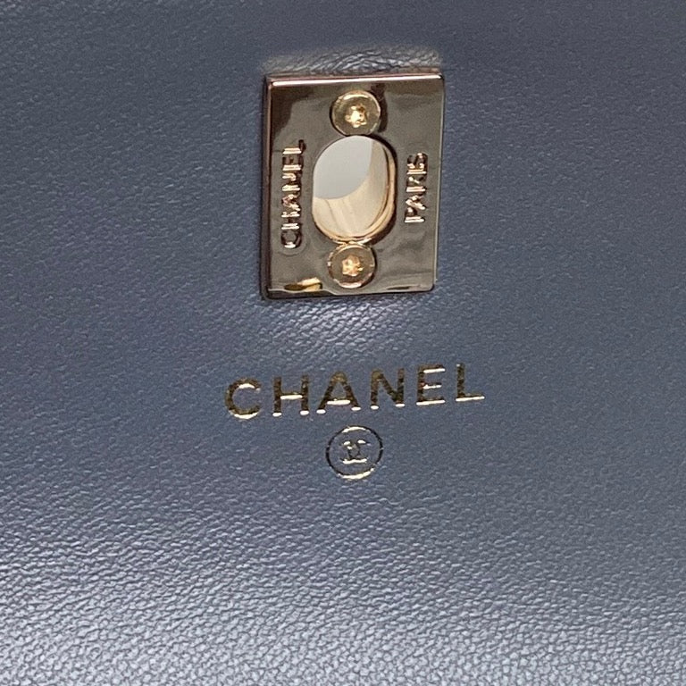 CHANEL 25S MINI FLAP BAG WITH TOP HANDLE 18 IN BLUE GRAY LAMBSKIN GOLD HARDWARE