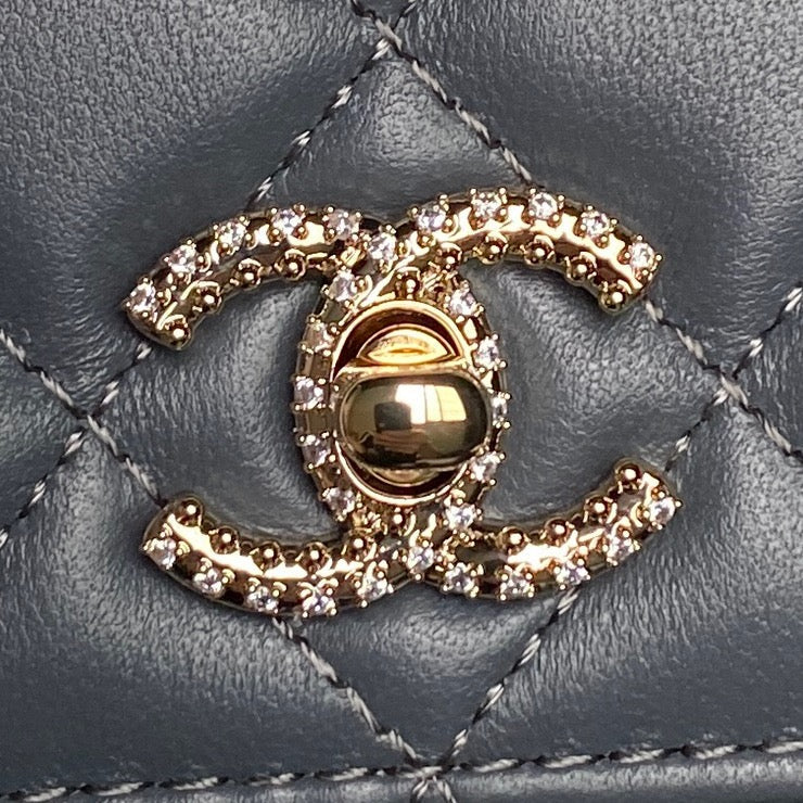 CHANEL 25S MINI FLAP BAG WITH TOP HANDLE 18 IN BLUE GRAY LAMBSKIN GOLD HARDWARE