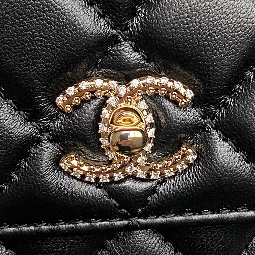 CHANEL 25S MINI FLAP BAG WITH TOP HANDLE 18 IN BLACK LAMBSKIN GOLD HARDWARE