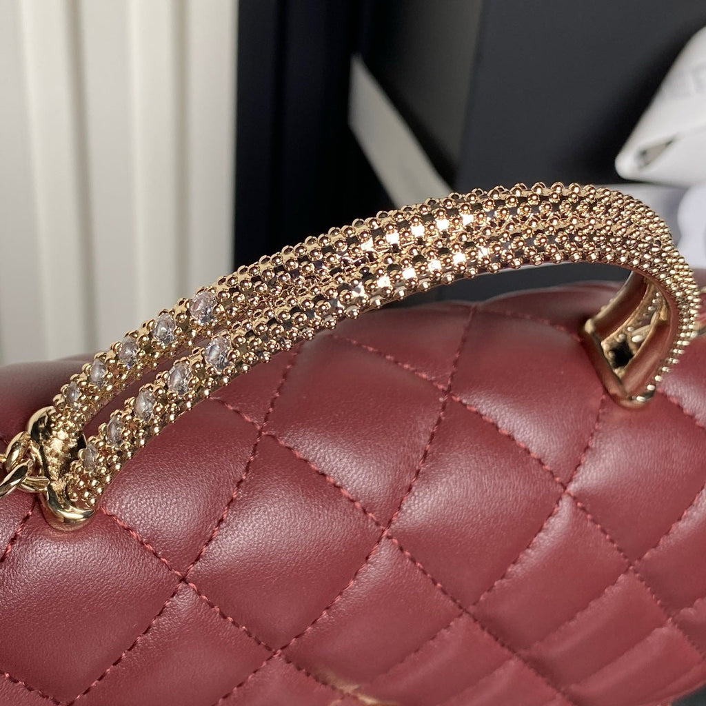 CHANEL 25S MINI FLAP BAG WITH TOP HANDLE 18 IN BURGUNDY LAMBSKIN GOLD HARDWARE