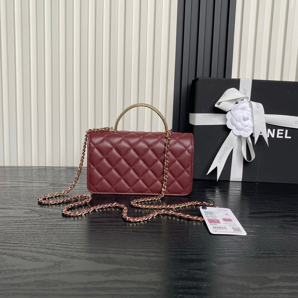 CHANEL 25S MINI FLAP BAG WITH TOP HANDLE 18 IN BURGUNDY LAMBSKIN GOLD HARDWARE