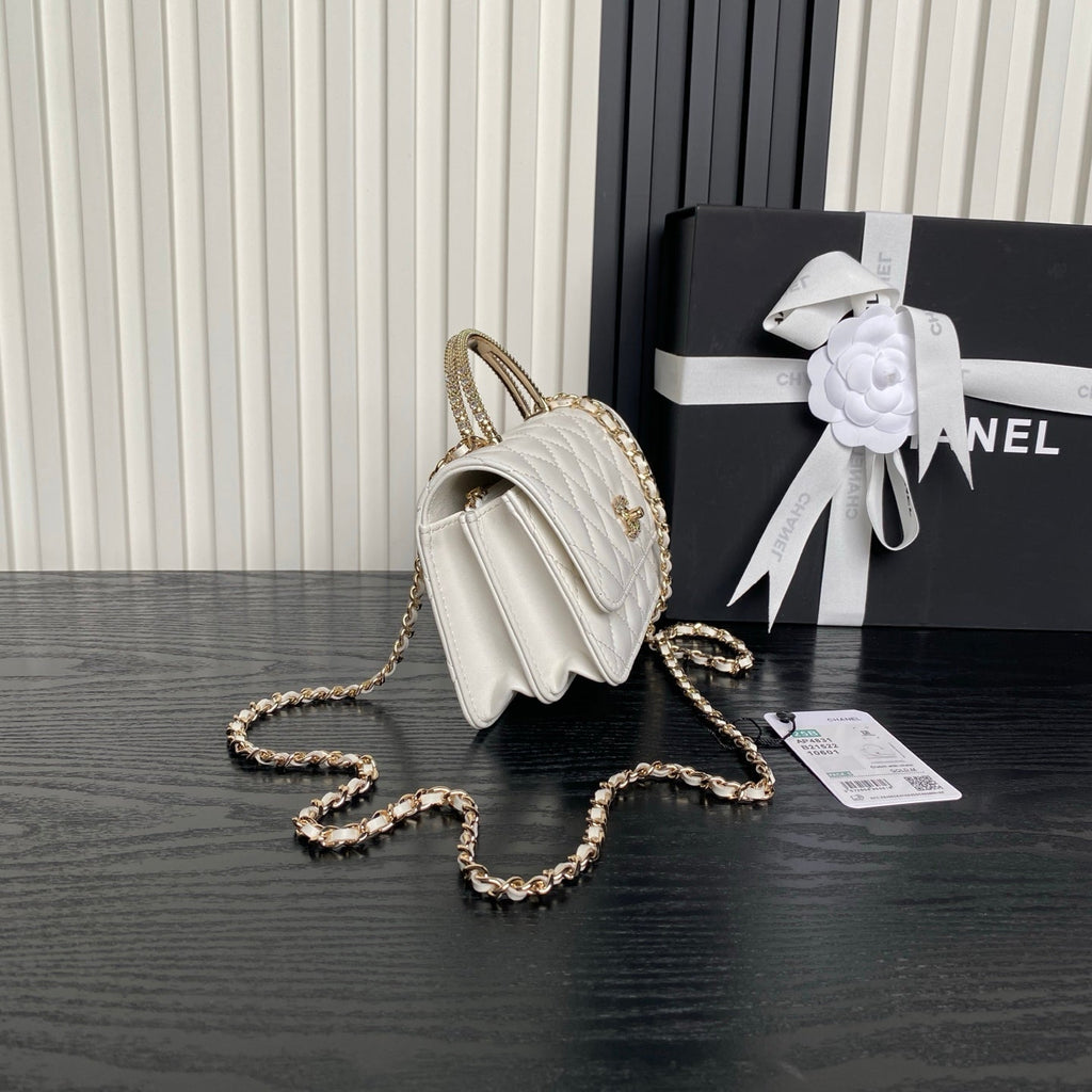 CHANEL 25S MINI FLAP BAG WITH TOP HANDLE 18 IN WHITE LAMBSKIN GOLD HARDWARE