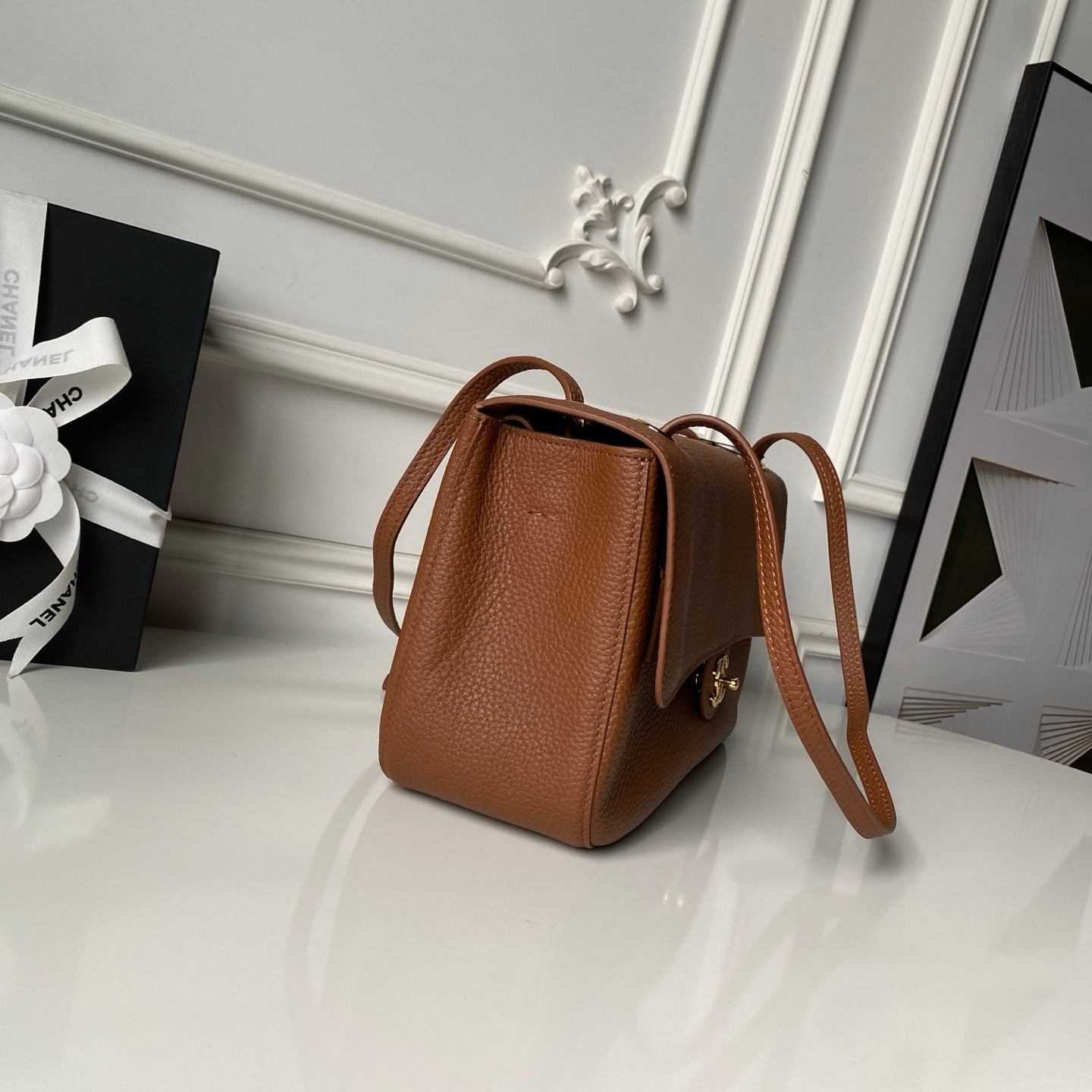 CHANEL 26S CC LOGO SHOULDER BAG 32 IN CAMEL BROWN GRAINED CALFSKIN