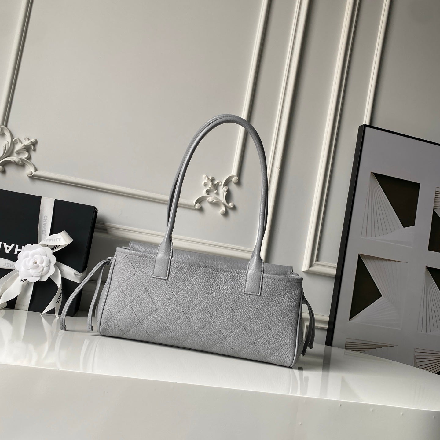 CHANEL 26S BOWLING BAGUETTE BAG 30CM IN GREY CAVIAR CALFSKIN
