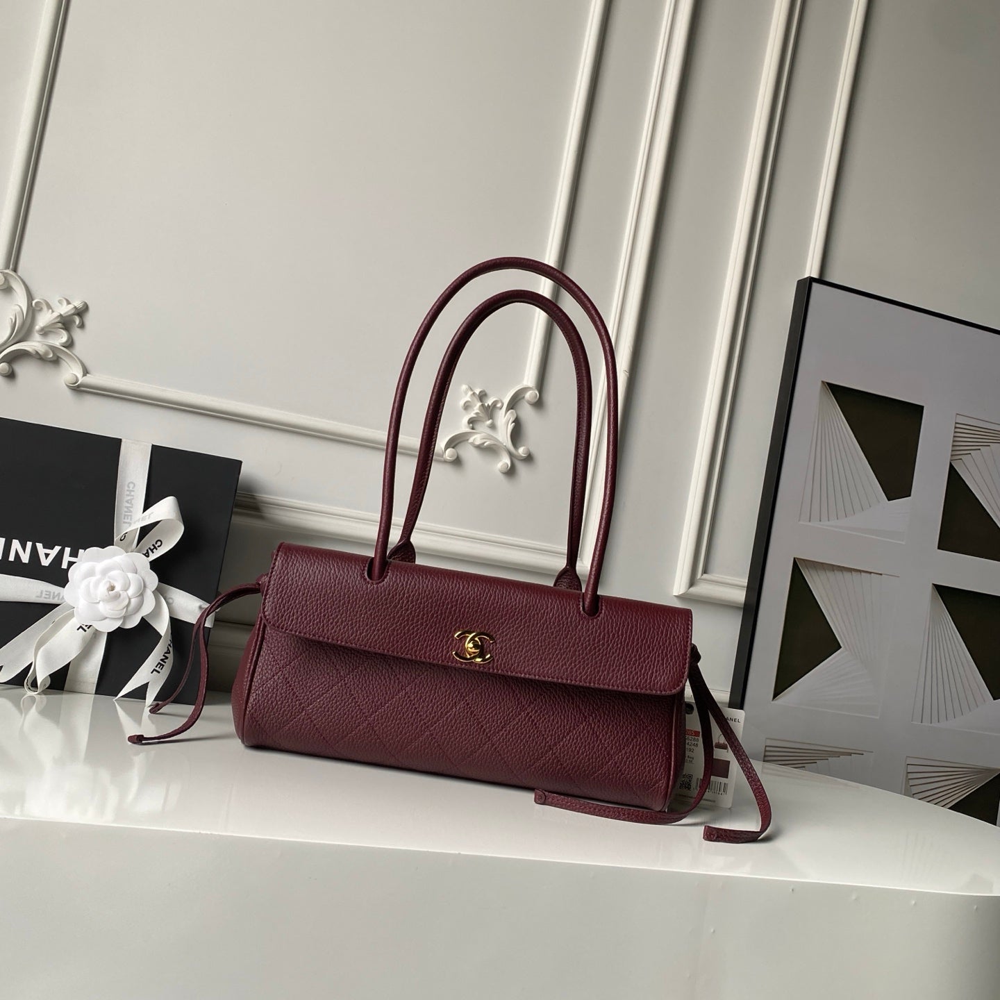 CHANEL 26S BOWLING BAGUETTE BAG 30CM IN BURGUNDY RED CAVIAR CALFSKIN