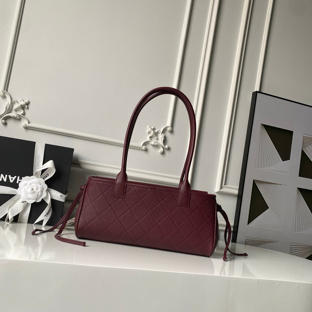 CHANEL 26S BOWLING BAGUETTE BAG 30CM IN BURGUNDY RED CAVIAR CALFSKIN