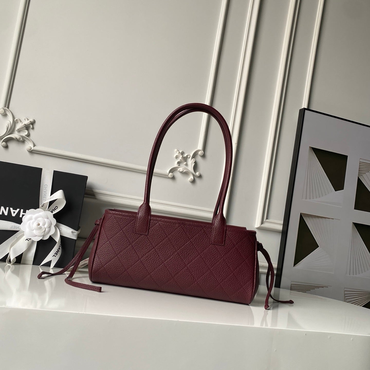 CHANEL 26S BOWLING BAGUETTE BAG 30CM IN BURGUNDY RED CAVIAR CALFSKIN