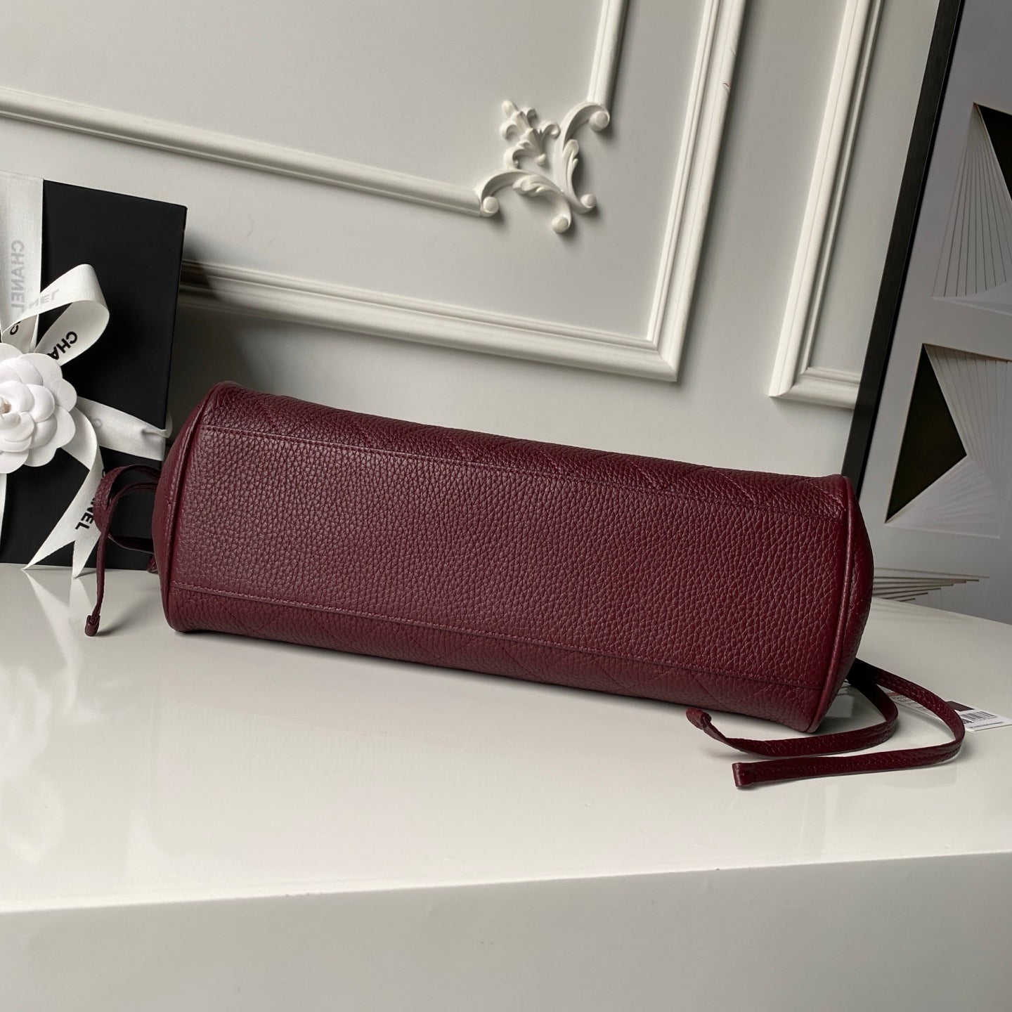 CHANEL 26S BOWLING BAGUETTE BAG 30CM IN BURGUNDY RED CAVIAR CALFSKIN