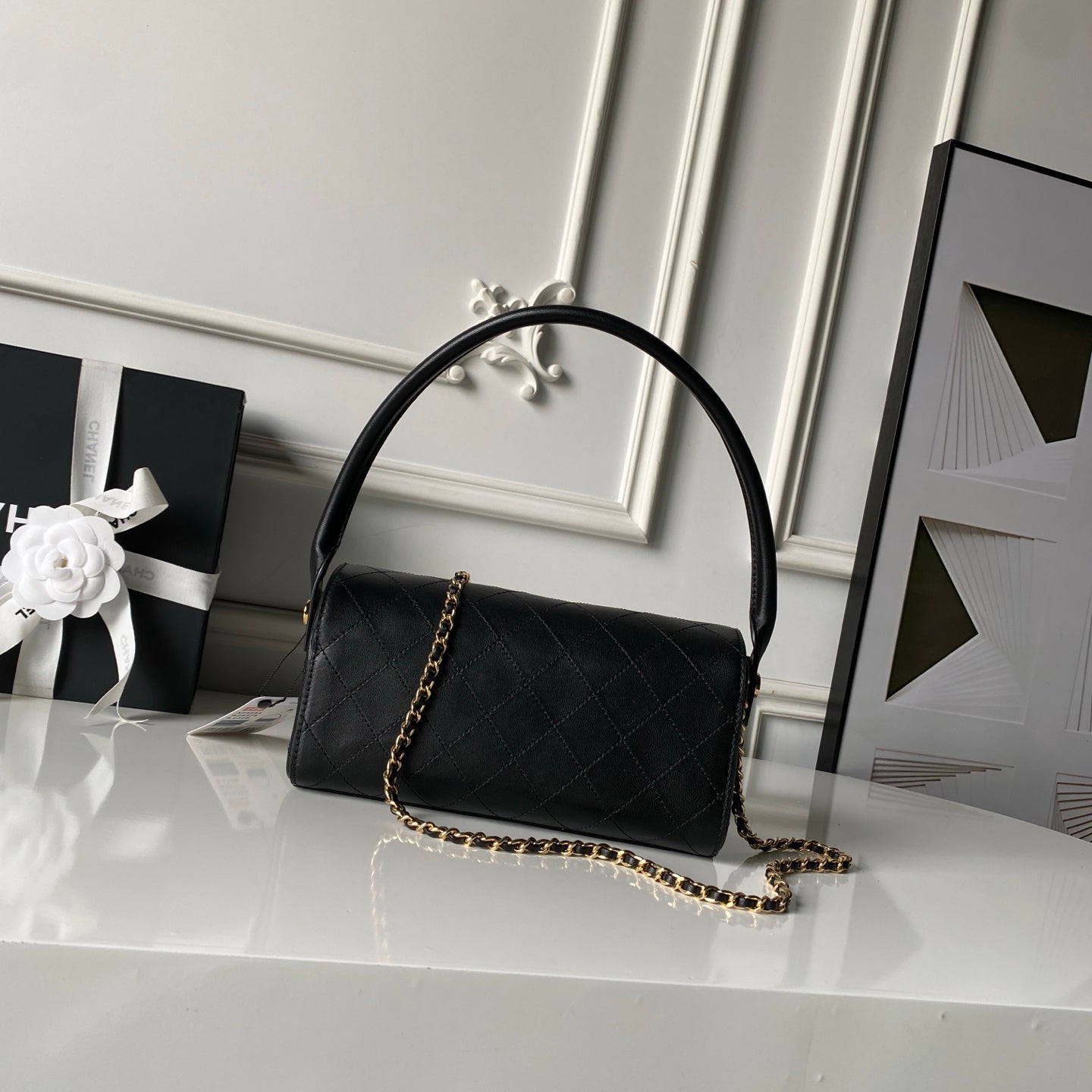 CHANEL 26S BARREL CLUTCH WITH CHAIN 23 IN BLACK QUILTED CALFSKIN GOLD HARDWARE