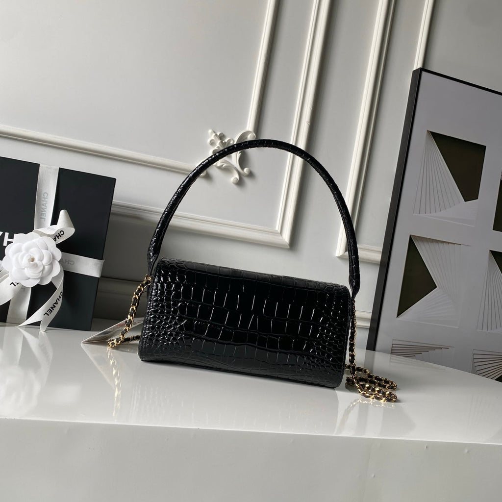 CHANEL 26S BARREL CLUTCH WITH CHAIN 23 IN BLACK CROCODILE-EMBOSSED CALFSKIN GOLD HARDWARE