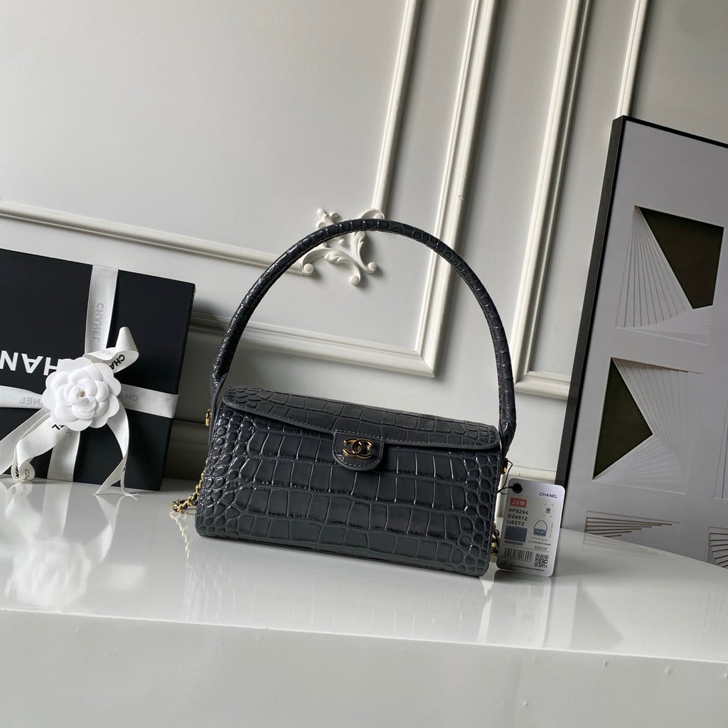CHANEL 26S BARREL CLUTCH WITH CHAIN 23 IN DARK GREY CROCODILE-EMBOSSED CALFSKIN GOLD HARDWARE