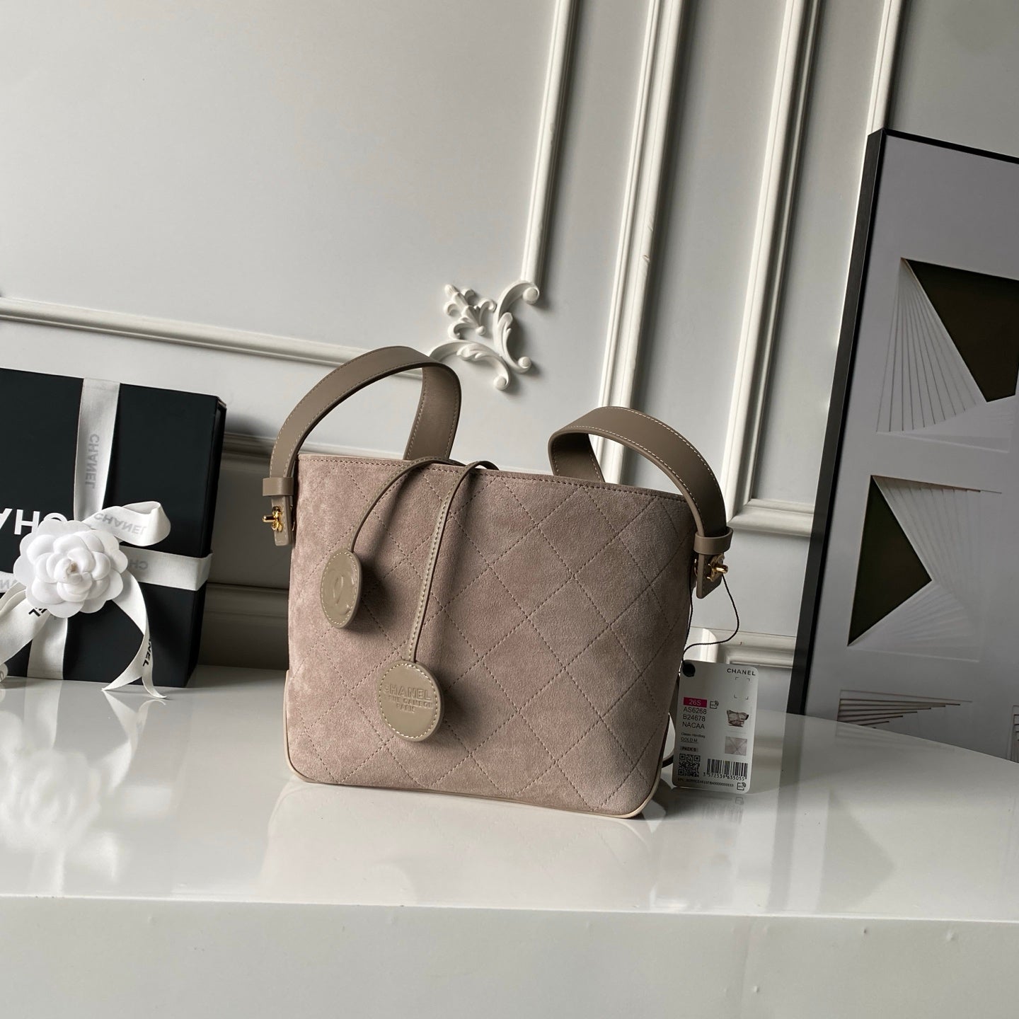 CHANEL 26S BUCKET SHOULDER BAG 27 IN TAUPE BROWN SUEDE AND CALFSKIN GOLD HARDWARE
