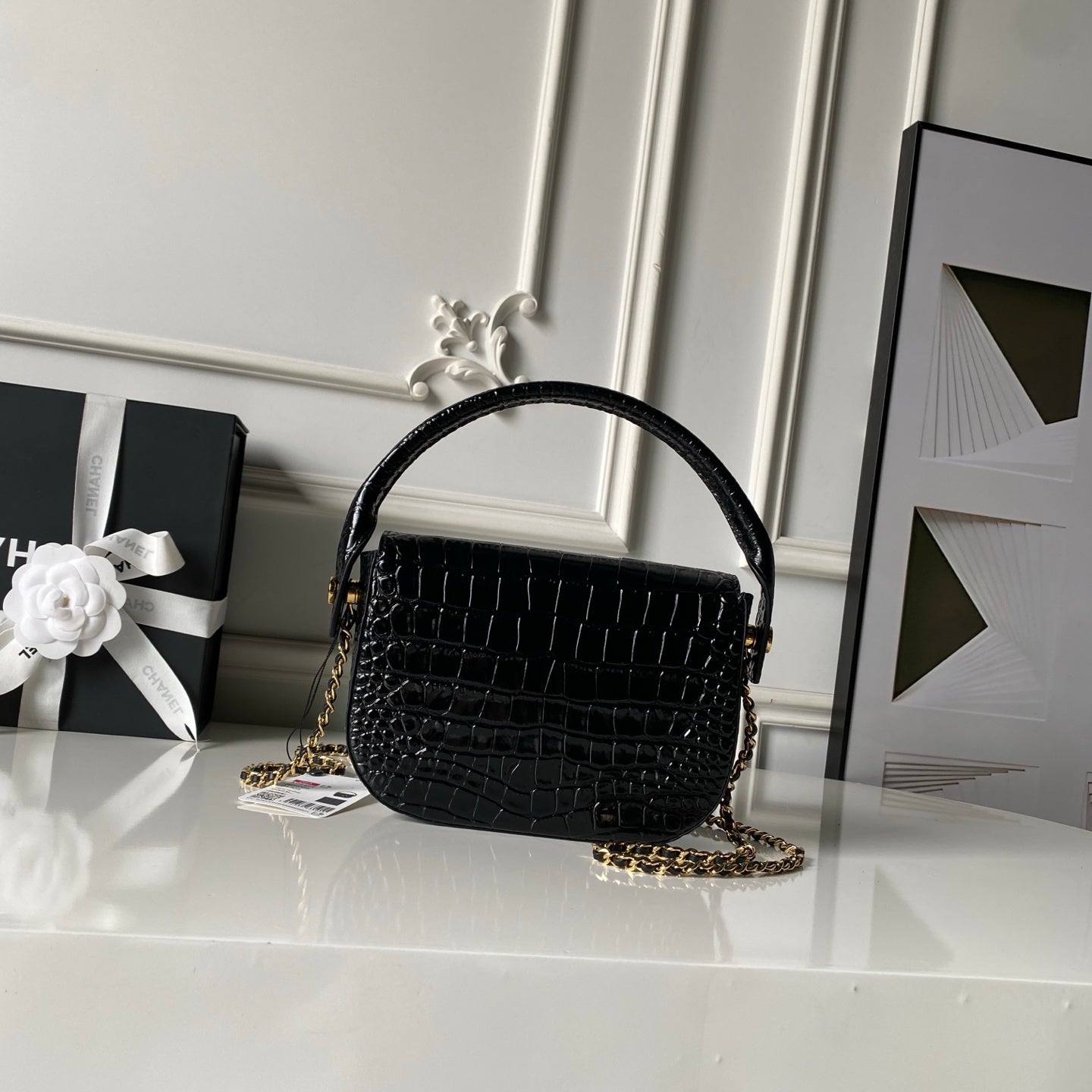 CHANEL 26S TOP HANDLE BAG 19 IN BLACK CROCODILE-EMBOSSED CALFSKIN GOLD HARDWARE