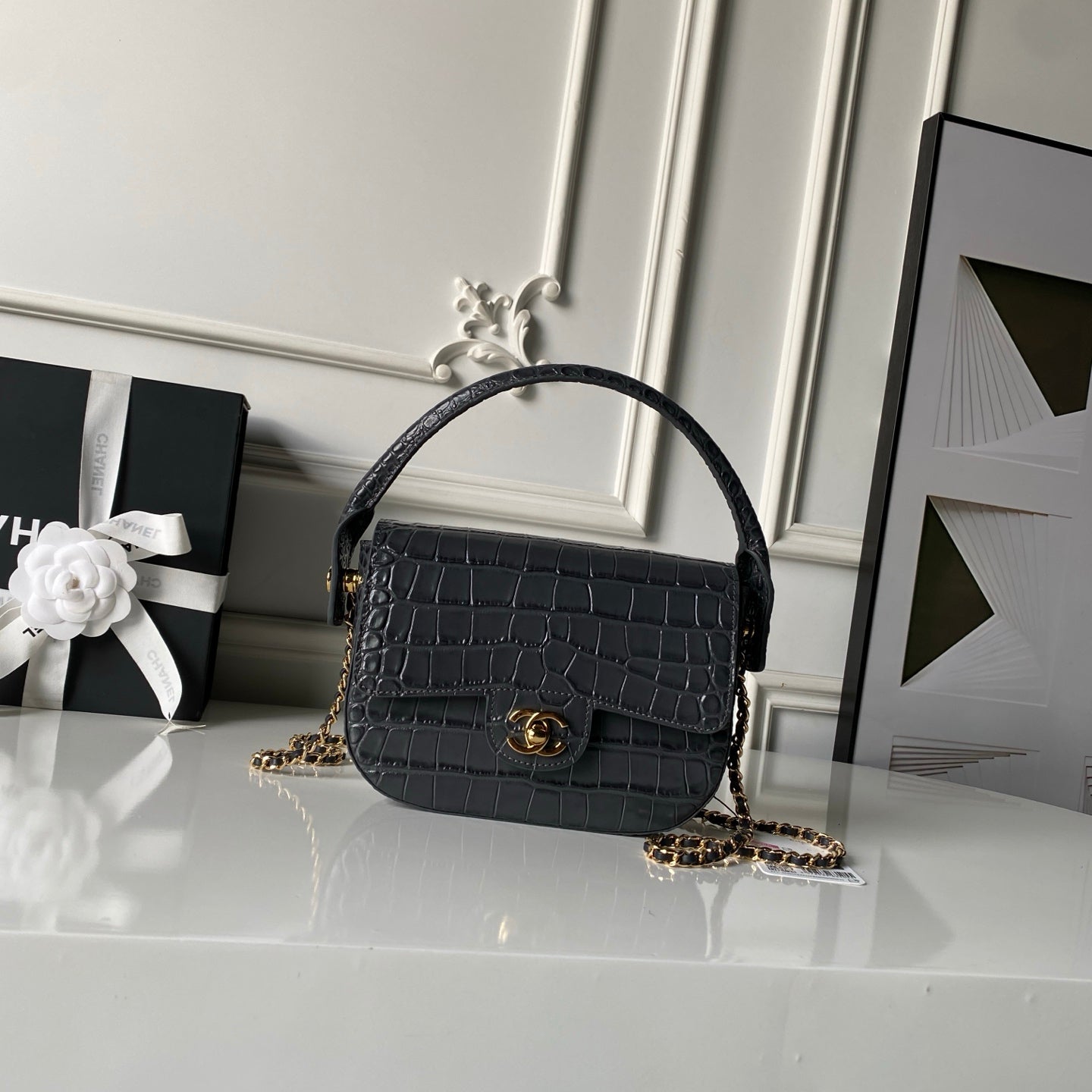 CHANEL 26S TOP HANDLE BAG 19 IN DARK GREY CROCODILE-EMBOSSED CALFSKIN GOLD HARDWARE