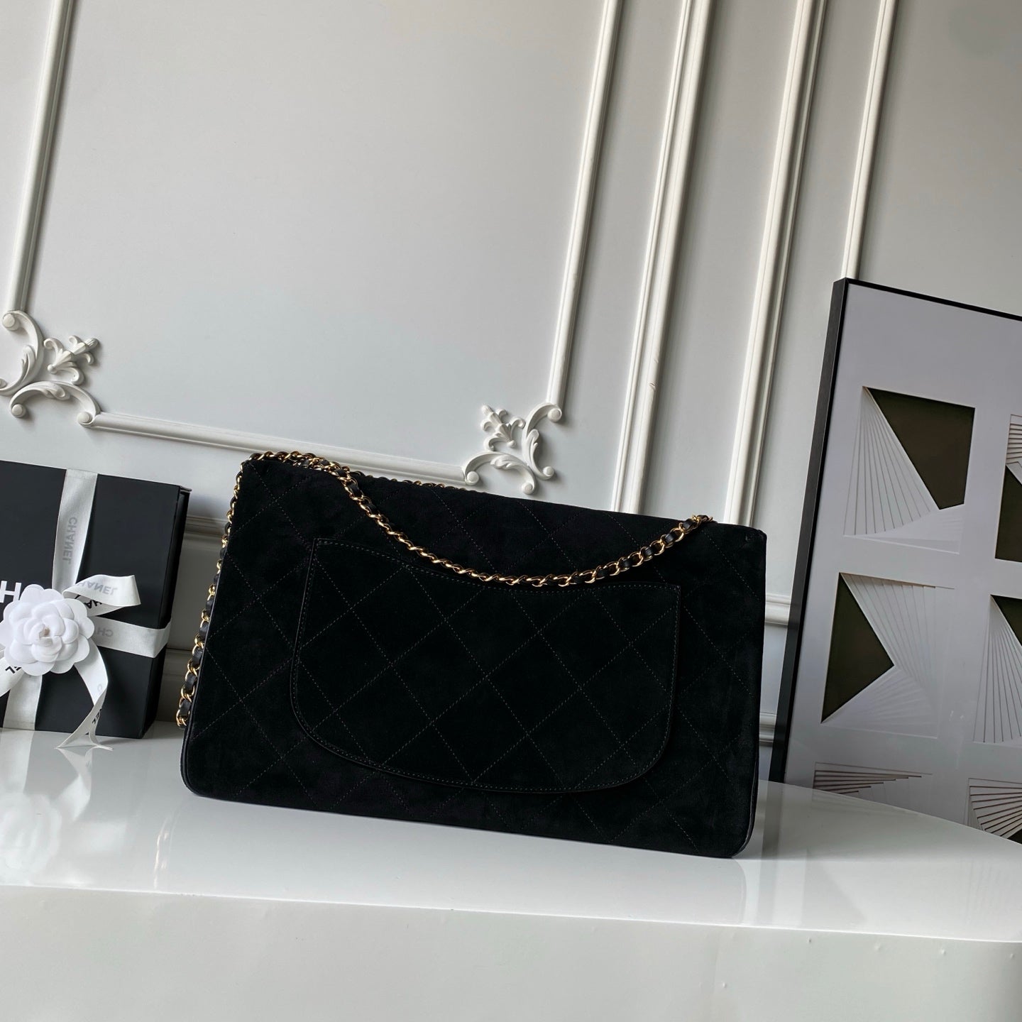 CHANEL 26S CLASSIC FLAP MEDIUM 39 IN BLACK QUILTED SUEDE AND CALFSKIN GOLD HARDWARE