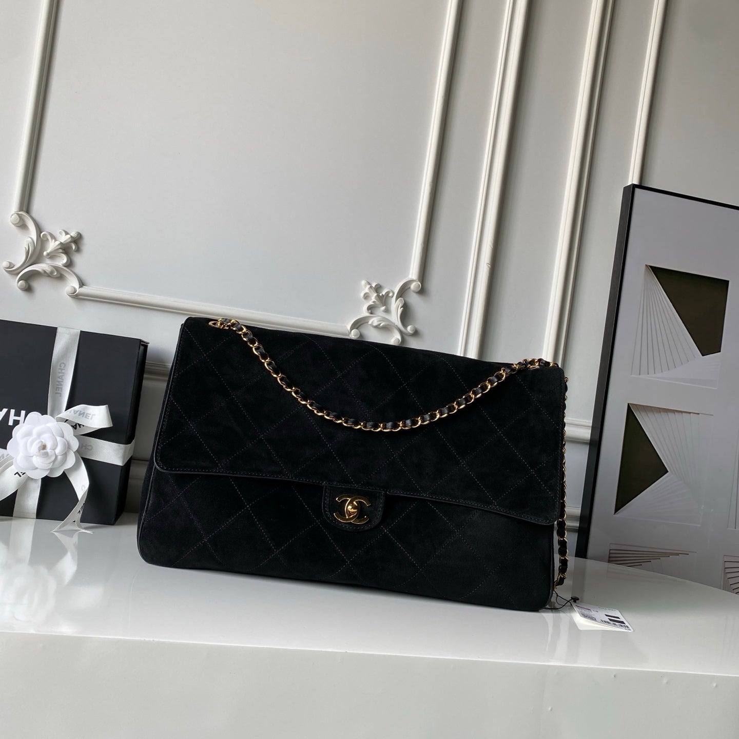 CHANEL 26S CLASSIC FLAP MEDIUM 39 IN BLACK QUILTED SUEDE AND CALFSKIN GOLD HARDWARE
