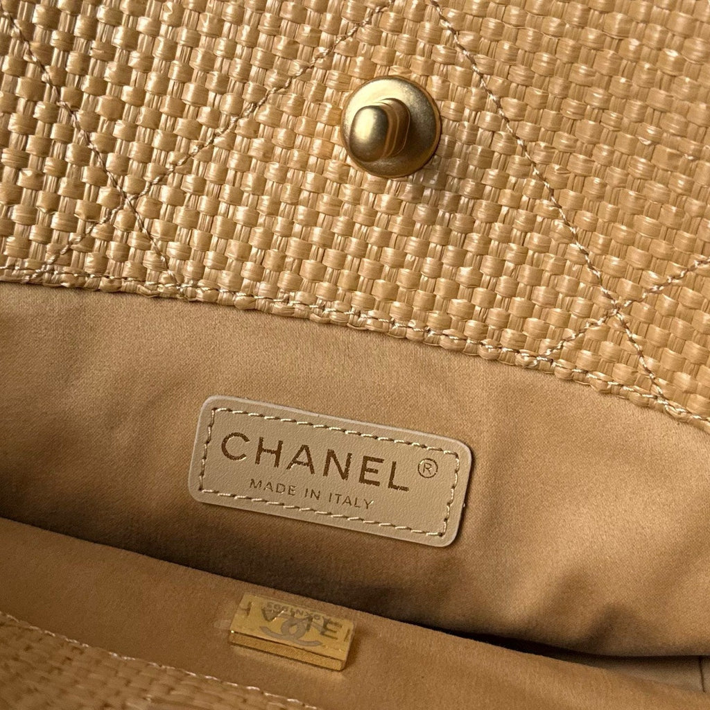 CHANEL 26S MAXI SHOPPING BAG 28 IN BEIGE RAFFIA AND BLACK CALFKIN GOLD HARDWARE