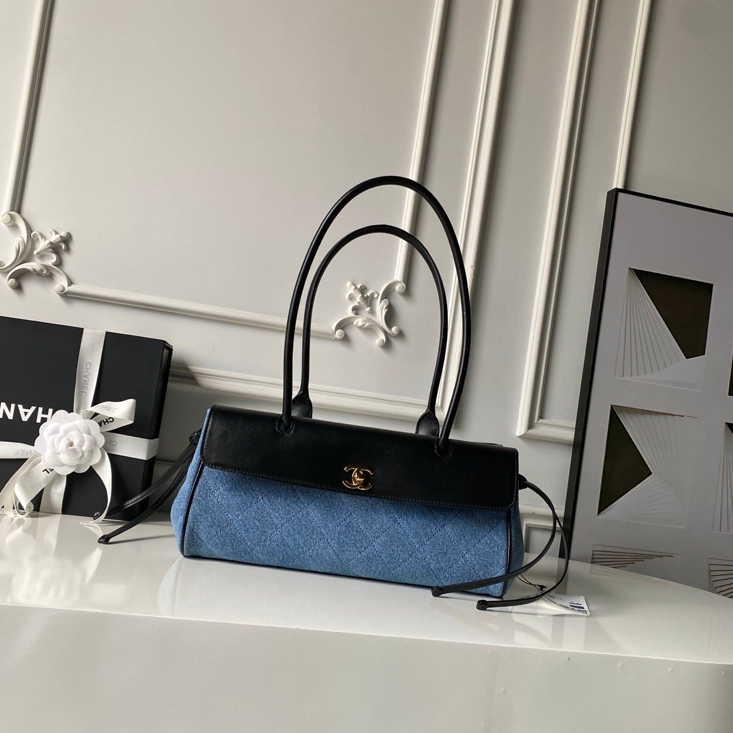 CHANEL 26S TOP HANDLE BAG 30 IN BLUE DENIM AND BLACK CALFSKIN GOLD HARDWARE