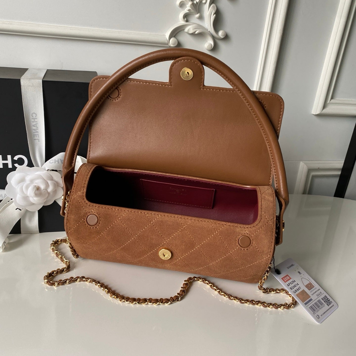 CHANEL 26S BARREL CLUTCH WITH CHAIN 23 IN CARAMEL BROWN SUEDE AND CALFSKIN GOLD HARDWARE