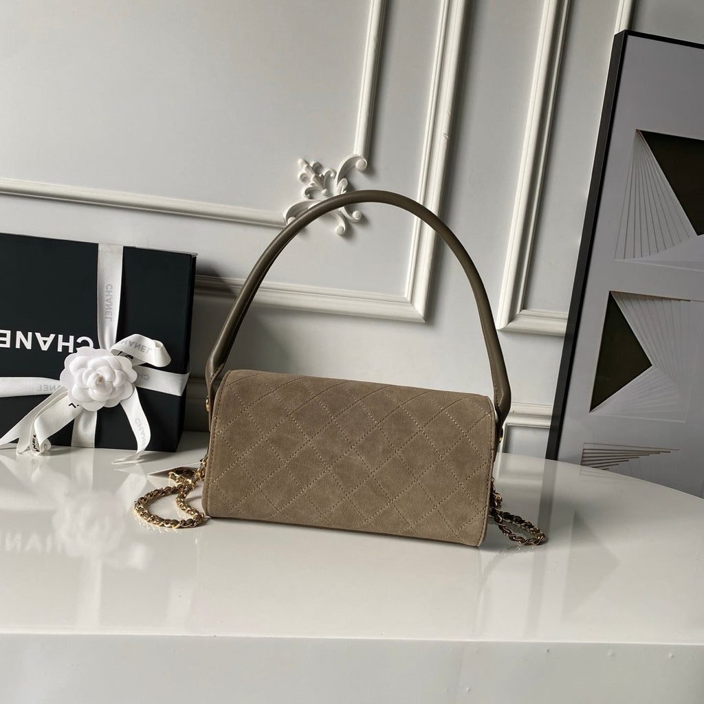CHANEL 26S BARREL CLUTCH WITH CHAIN 23 IN DARK KHAKI BROWN SUEDE AND CALFSKIN GOLD HARDWARE