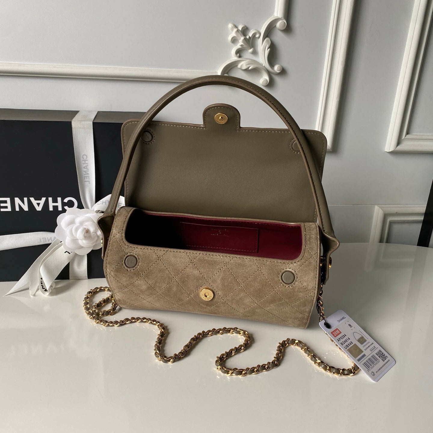 CHANEL 26S BARREL CLUTCH WITH CHAIN 23 IN DARK KHAKI BROWN SUEDE AND CALFSKIN GOLD HARDWARE