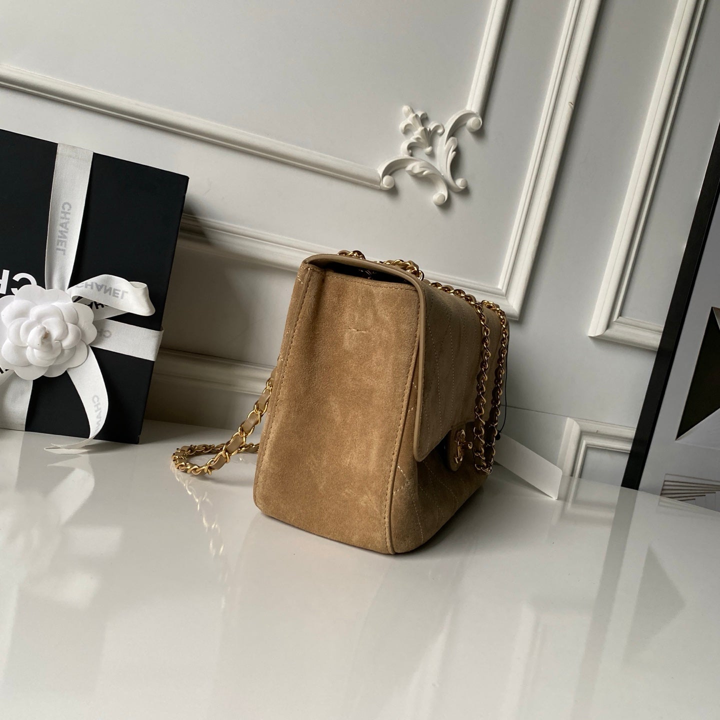 CHANEL 26S MAXI FLAP BAG 32 IN DARK BEIGE SUEDE AND CALFSKIN GOLD HARDWARE